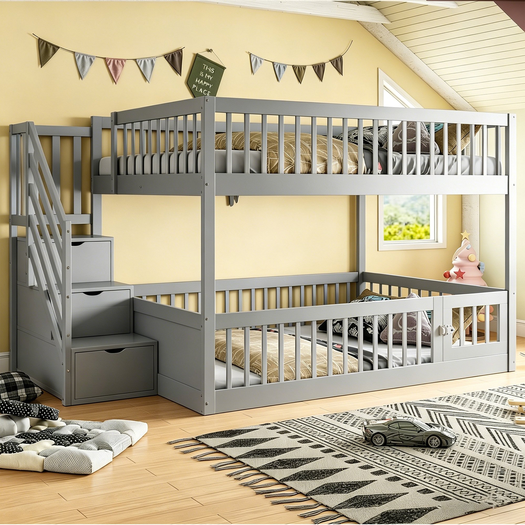 Lit superposé enfant 140x200 avec échelle et rangement, bois massif gris, sécurité renforcée