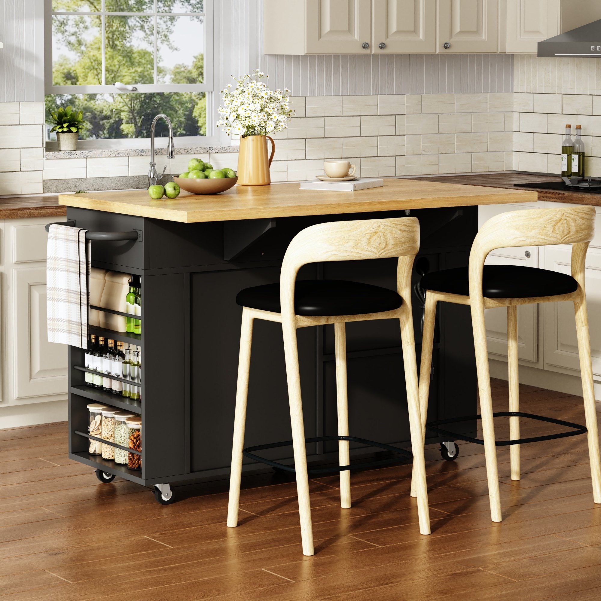 Îlot de cuisine 120 cm avec plan rabattable, rangements, tiroirs, prises et roulettes, pour 2-4 personnes, Panneau composite de fibres de bois à densité naturel et noir