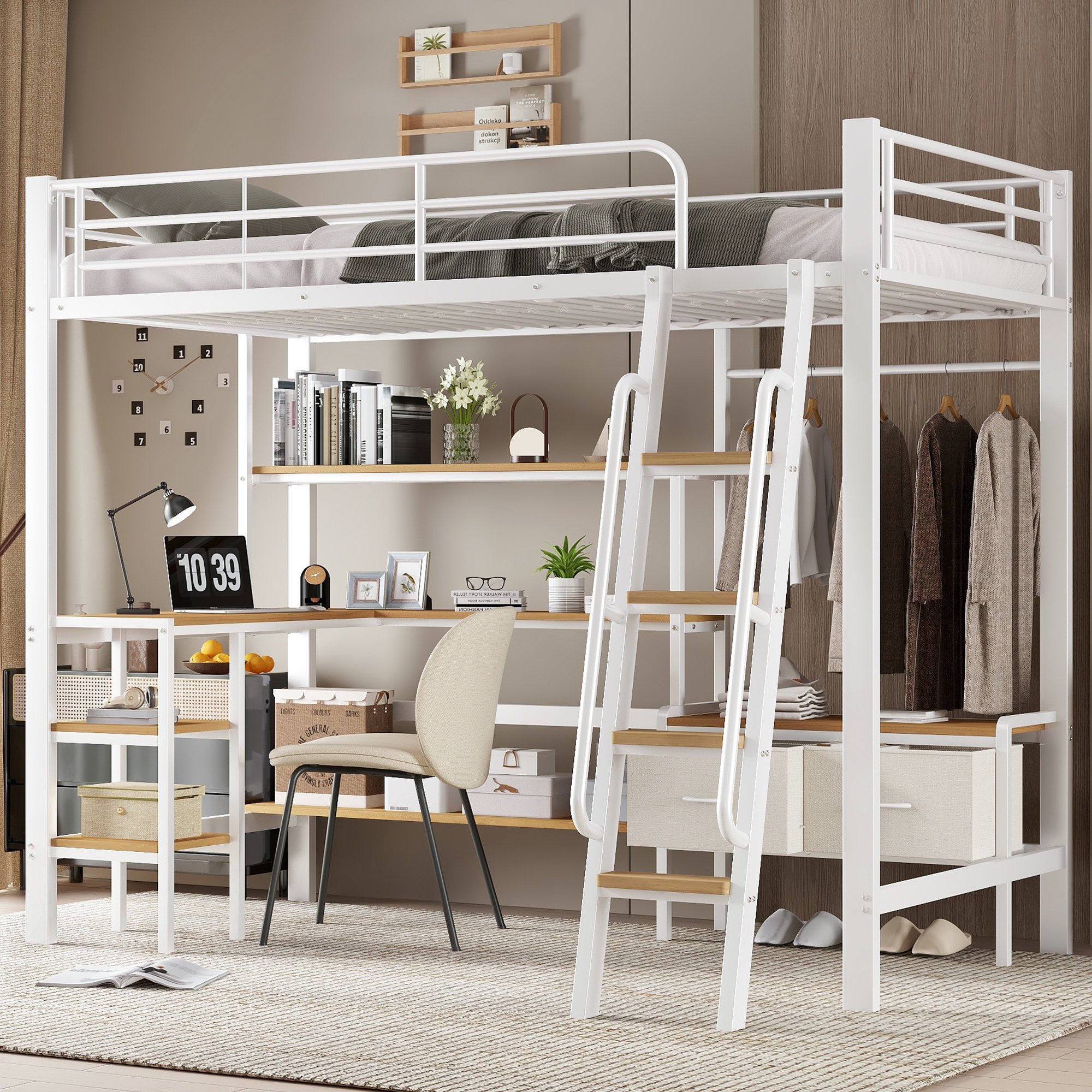 Lit mezzanine avec bureau intégré, rangements et échelle pour enfant, 90x200