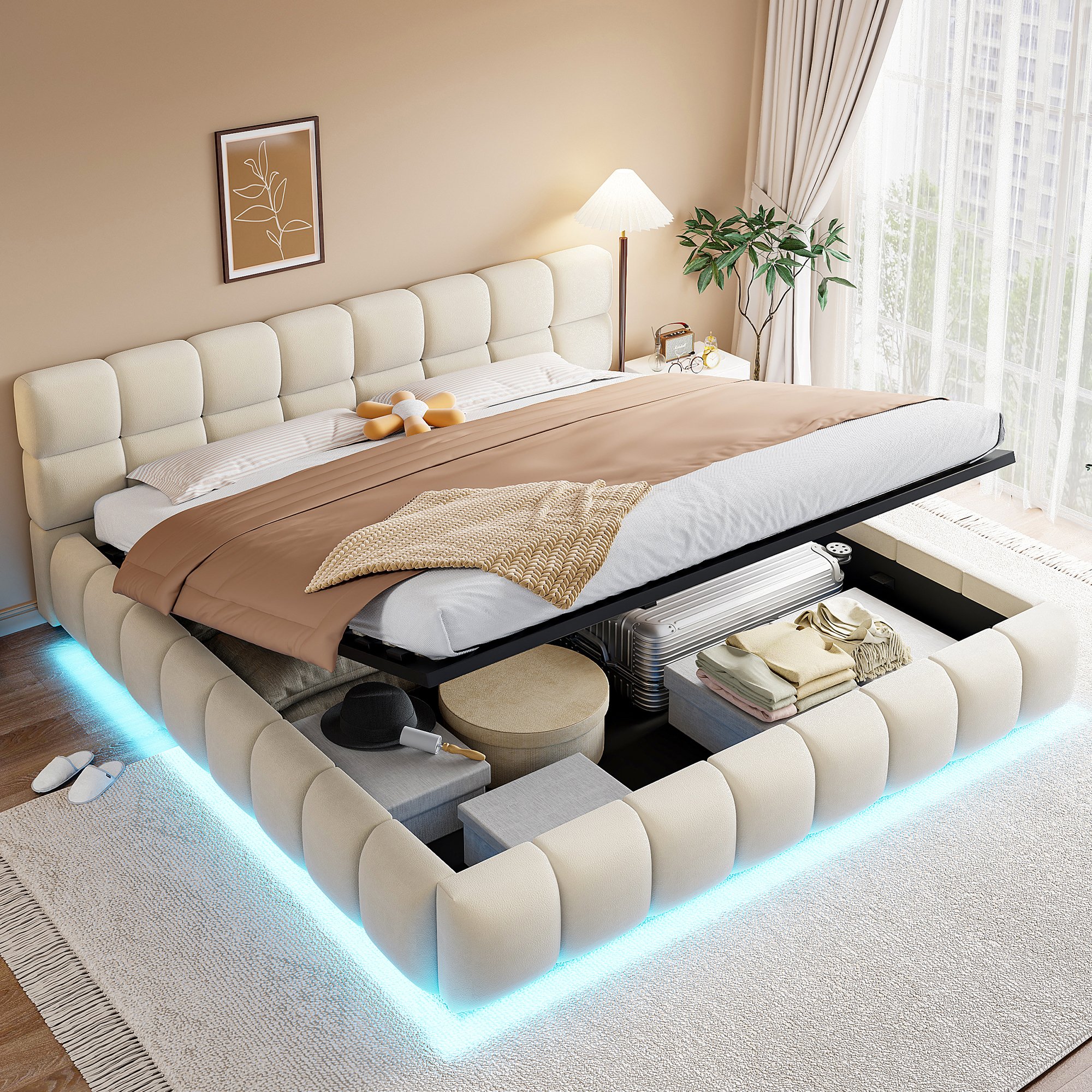 Lit coffre double 180x200 avec rangement hydraulique, LED, velours beige