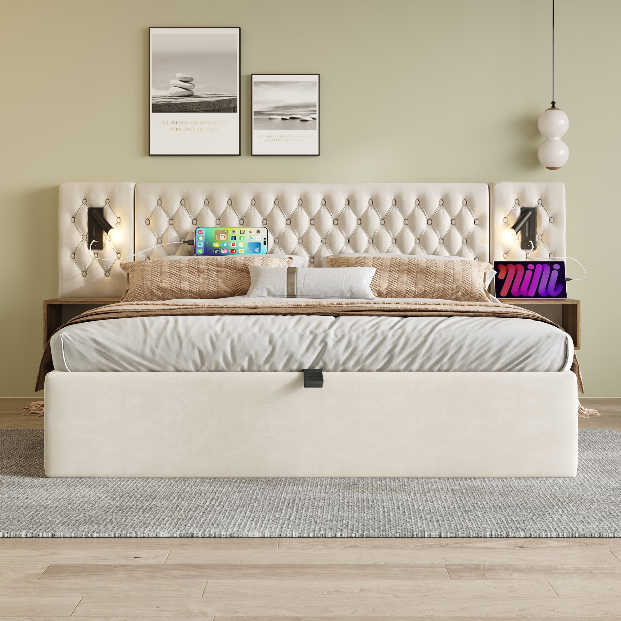 lit coffre double 160x200 cm avec cadre renforcé, rangement sous couchage hydraulique et tête de lit fonctionnelle