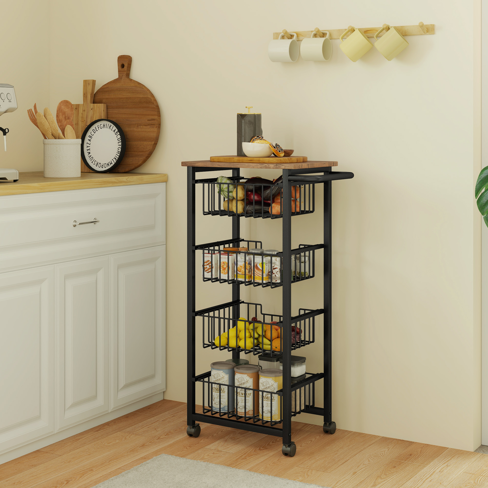 Îlot de cuisine sur roulettes avec plan de travail, 4 paniers en acier extractibles, rangement, 49,5 x 31 x 91 cm, chêne