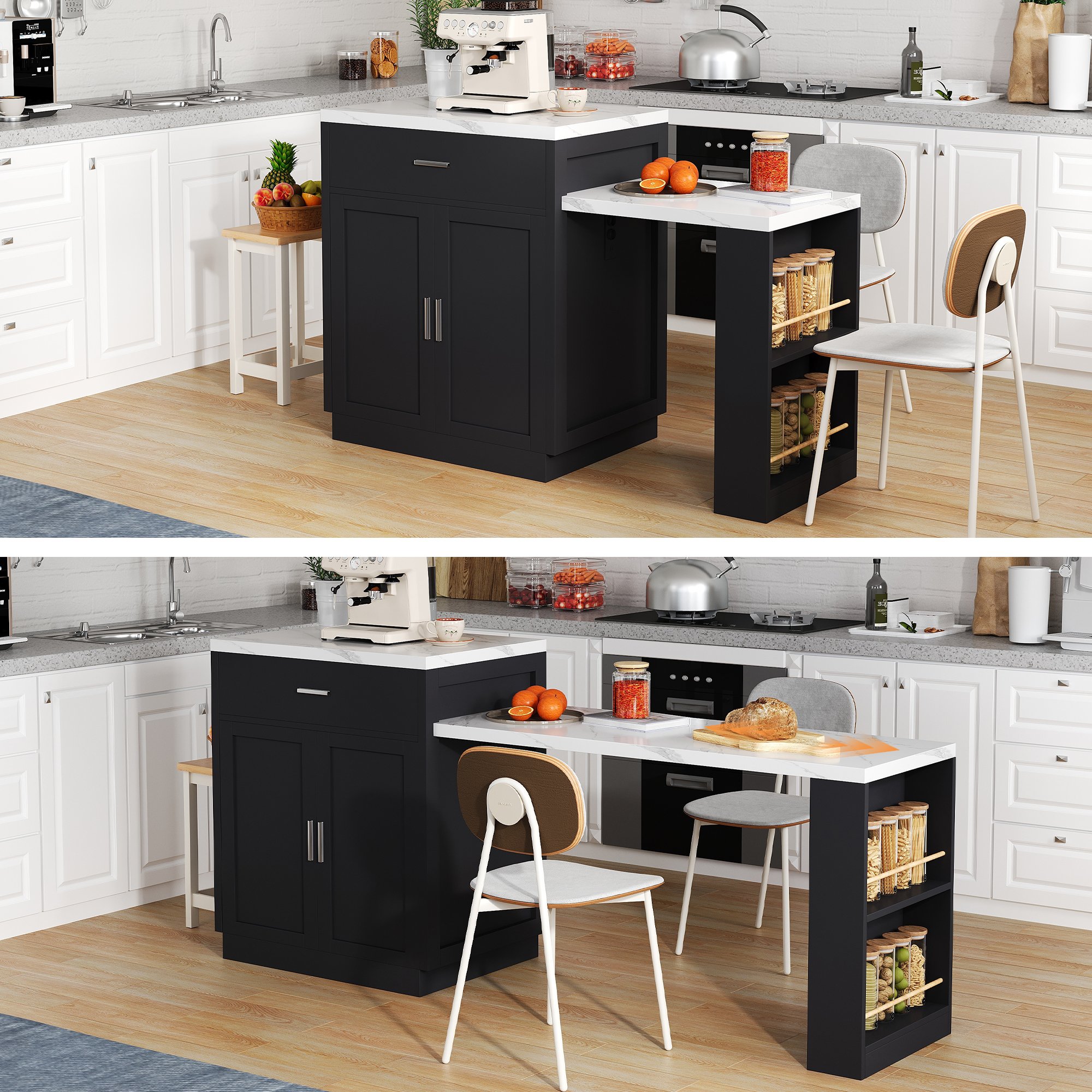 Îlot de cuisine en Panneau composite de fibres de bois à densité avec plan de travail en marbre, table extensible, rangements et tiroirs, dimensions 211x55x89,5 cm