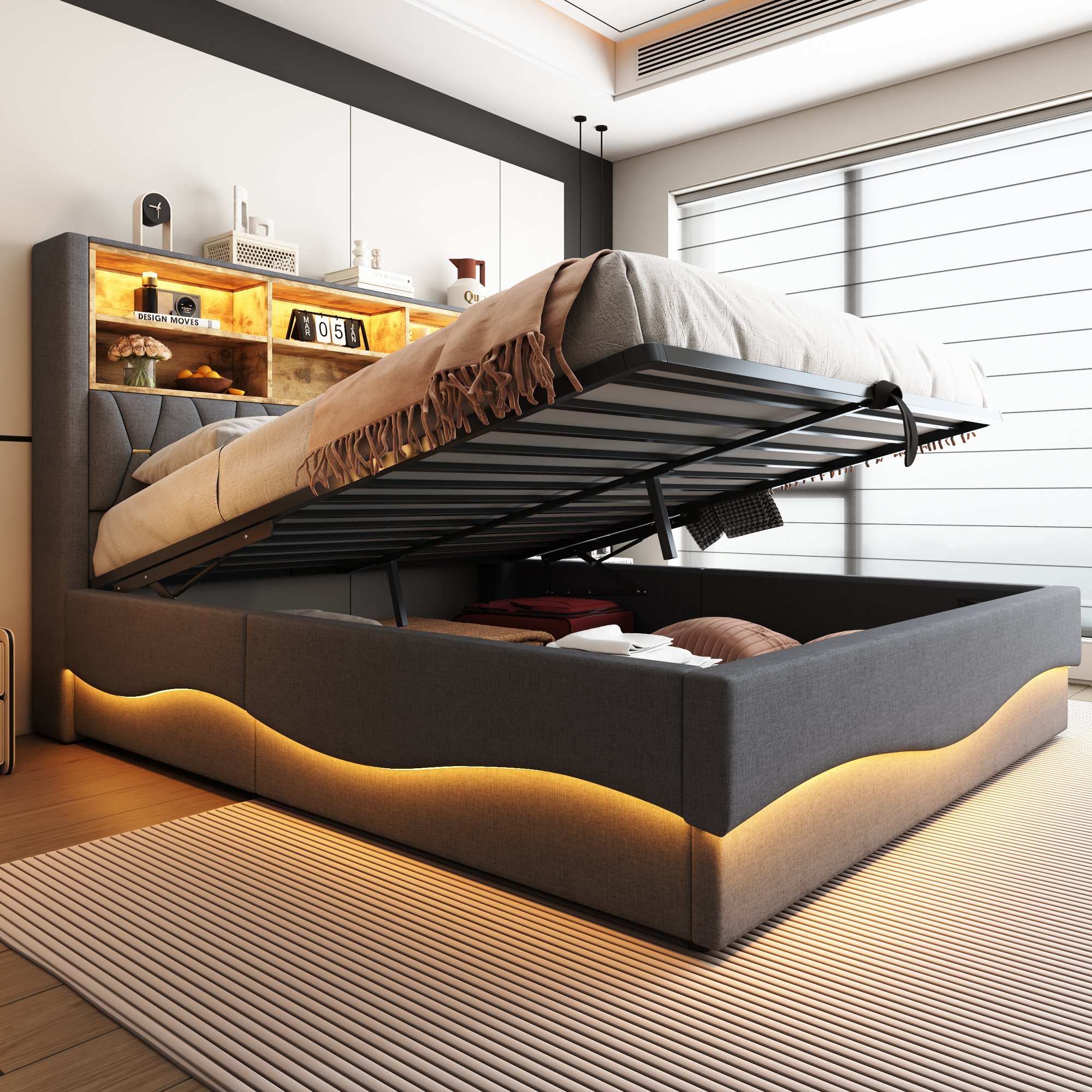 Lit coffre 180x200 pour 2 personnes avec sommier à lattes métallique et rangement