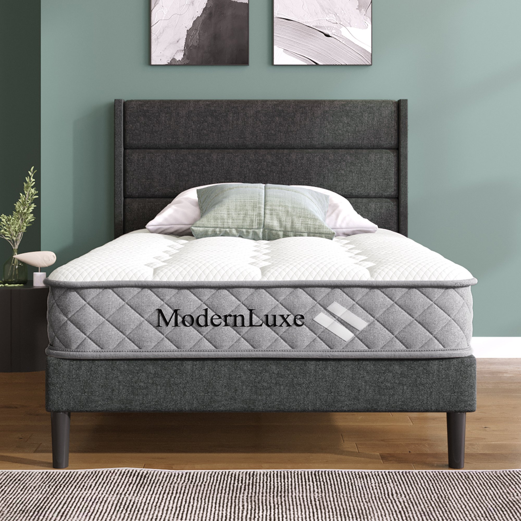 lit double avec sommier et matelas 90x200 gris foncé, soutien ergonomique 7 zones H3 pour sommeil optimal