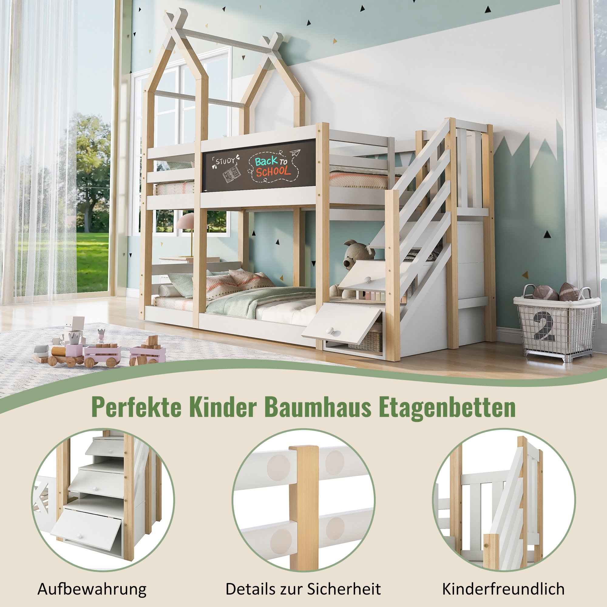 Lit superposé enfant 90x200 en pin massif et Panneau composite de fibres de bois à densité blanc avec rangement intégrée et tableau noir, design maisonnette sécurisé