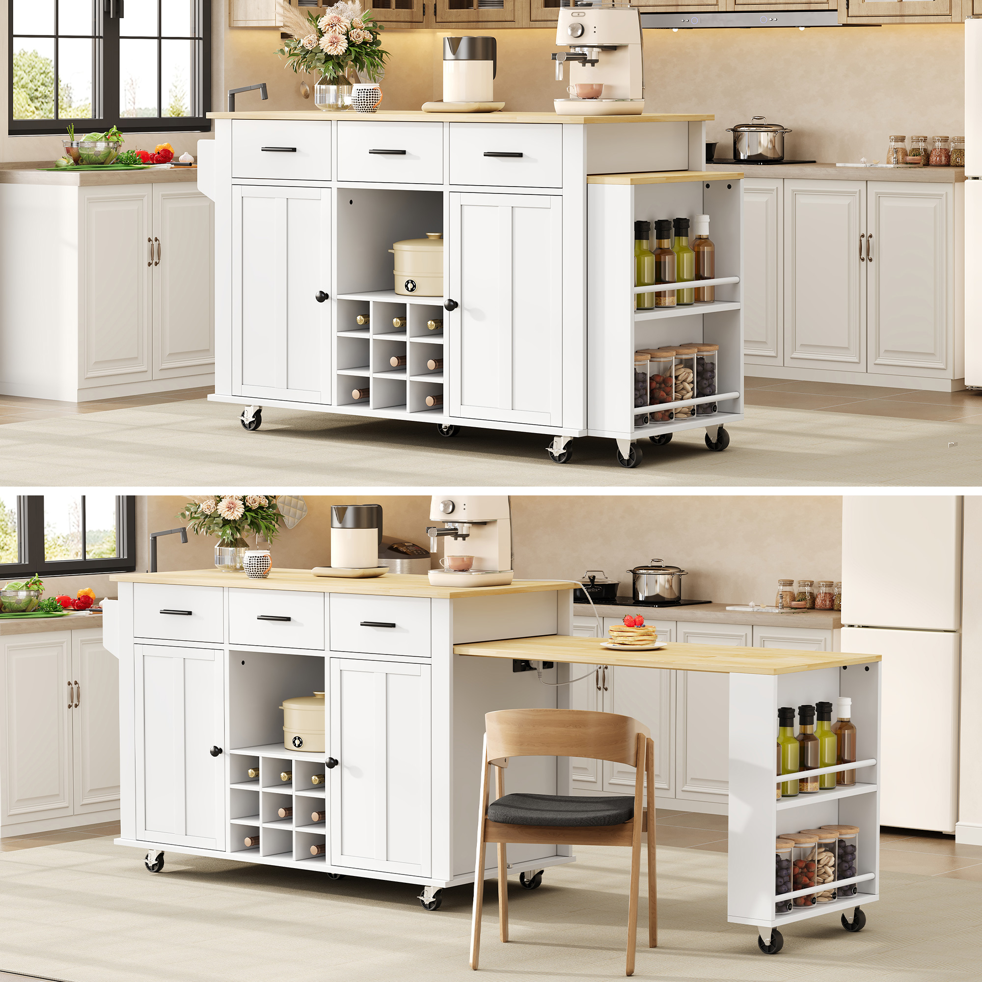 Îlot de cuisine blanc et chêne avec plan de travail extensible, rangement, 3 tiroirs, porte-bouteilles, prises USB, 7 roulettes, 136x50x93 cm