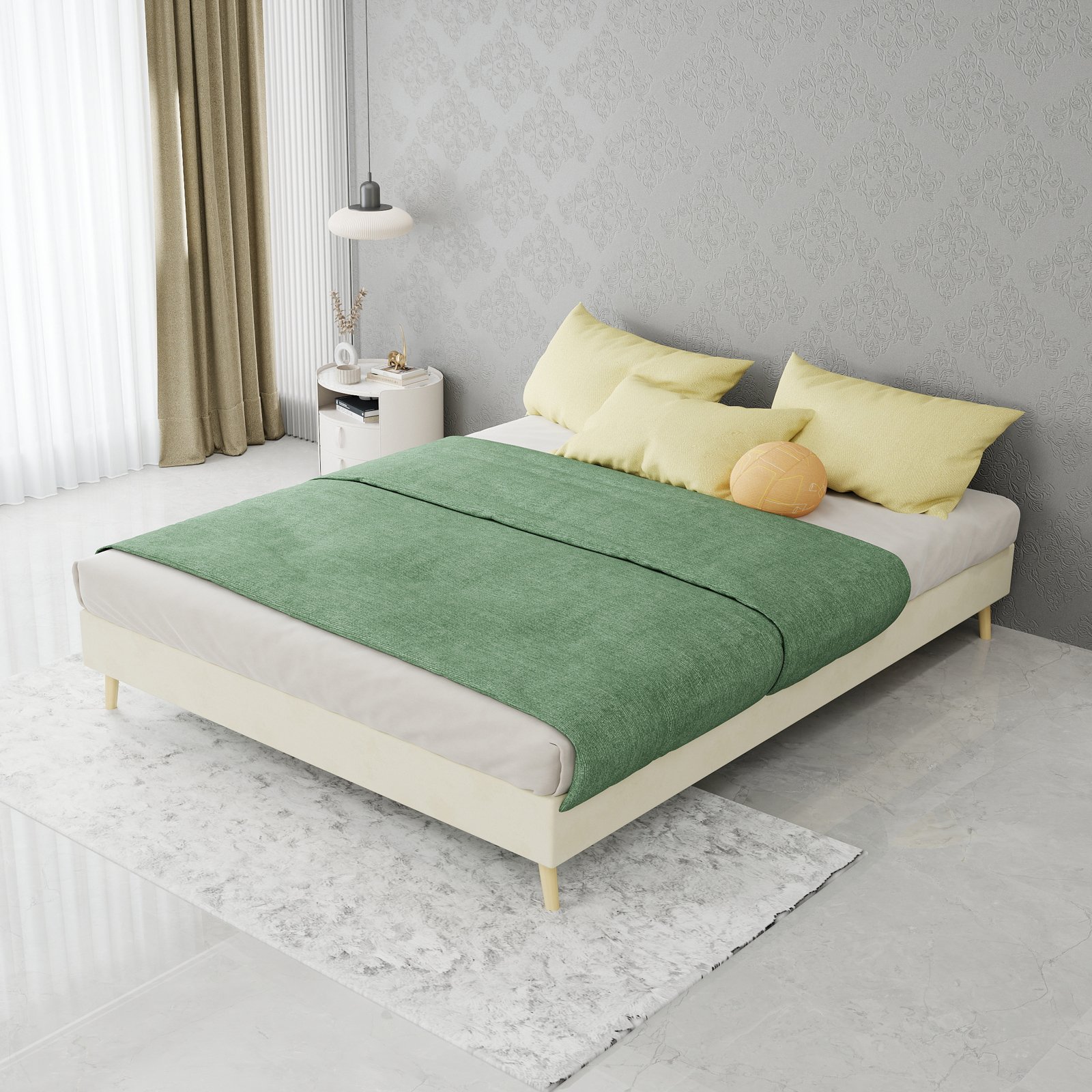 Cadre de lit 140x200 en velours beige, design moderne, base basse, sans tête de lit ni matelas