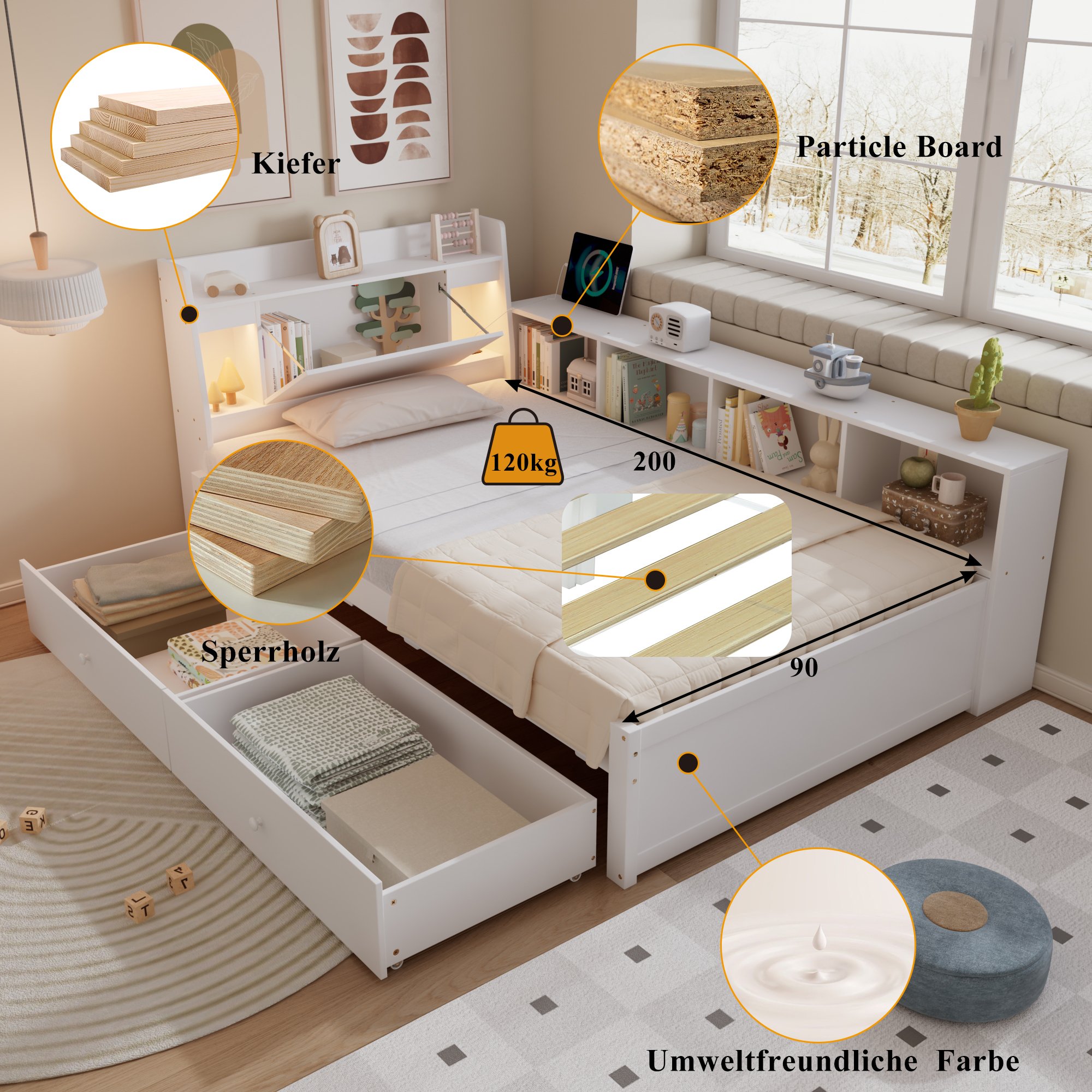 Lit coffre 90x200 blanc en pin avec rangements latéraux, tiroirs, liseuses et prise USB