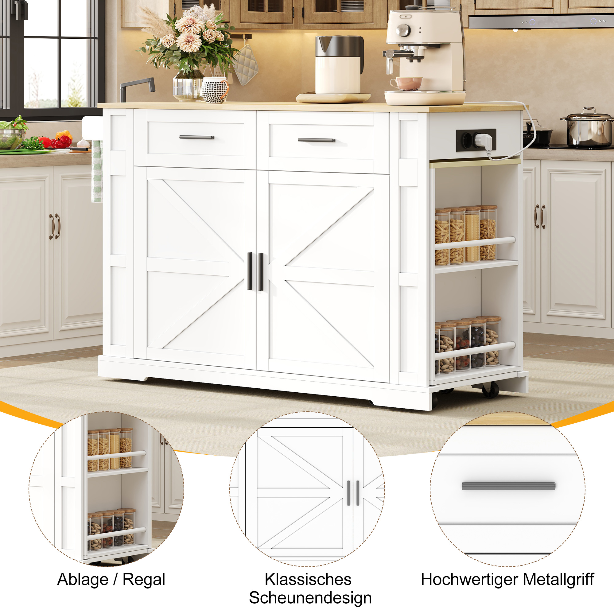 Îlot de cuisine avec plan de travail extensible, rangements spacieux, prises intégrées et roulettes, 120x50 cm, blanc et chêne