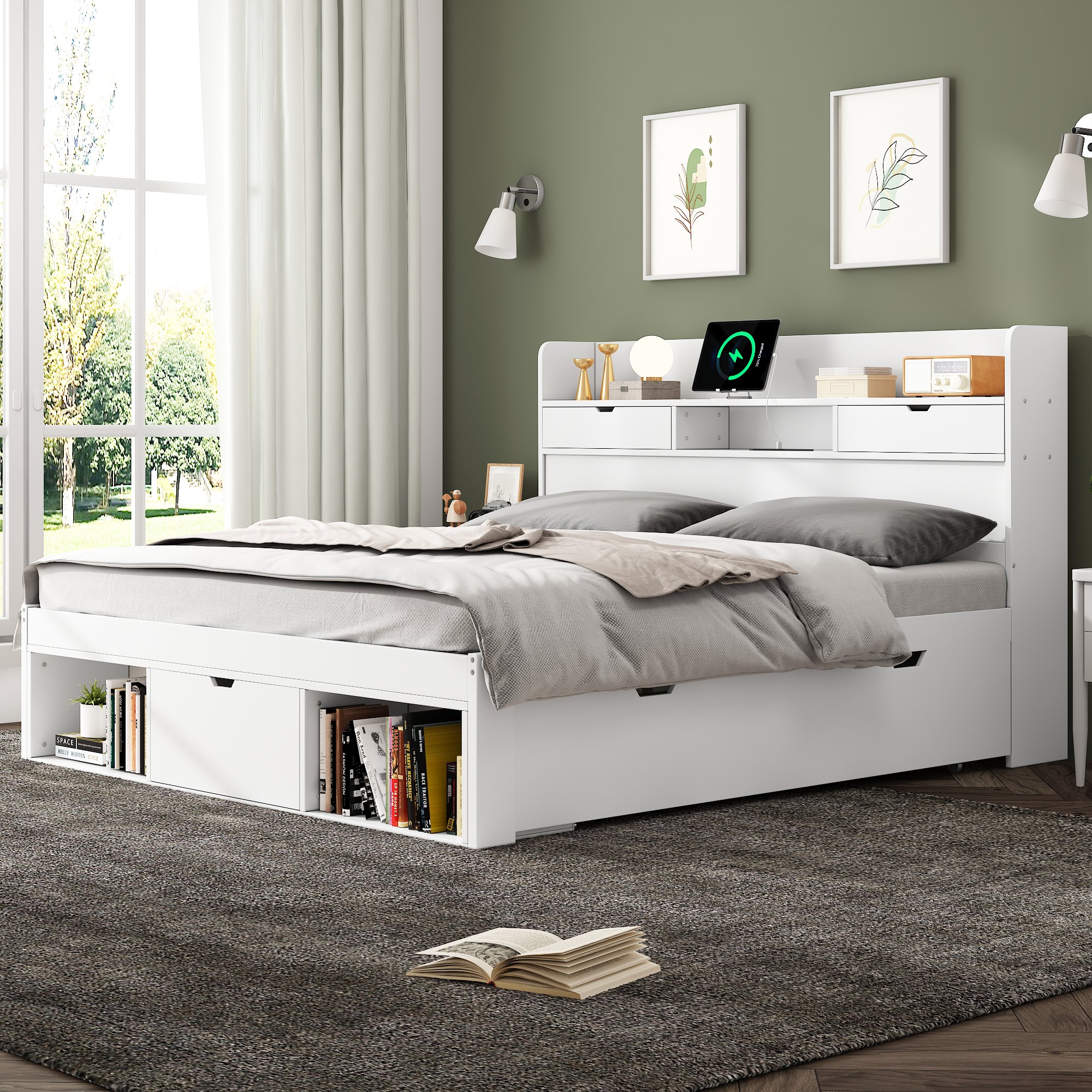 Lit coffre double 160x200 blanc avec tiroirs et port USB Type-C, grande capacité de rangement, montage facile, sans matelas