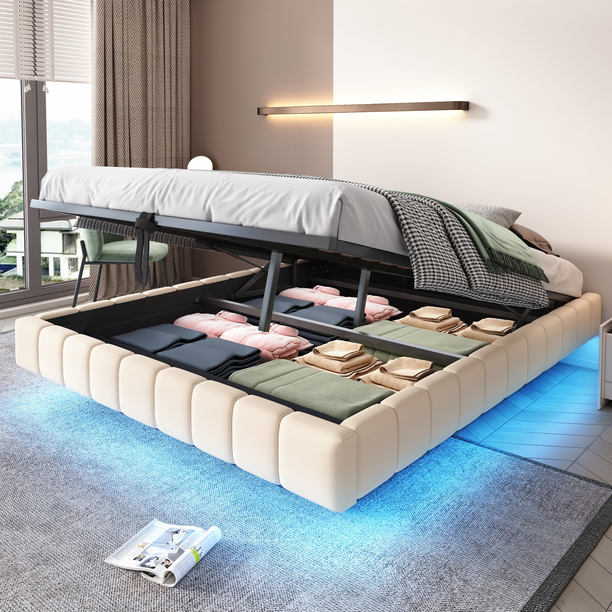 Lit coffre 160x200 cm avec rangement hydraulique, LED et sommier à lattes, beige