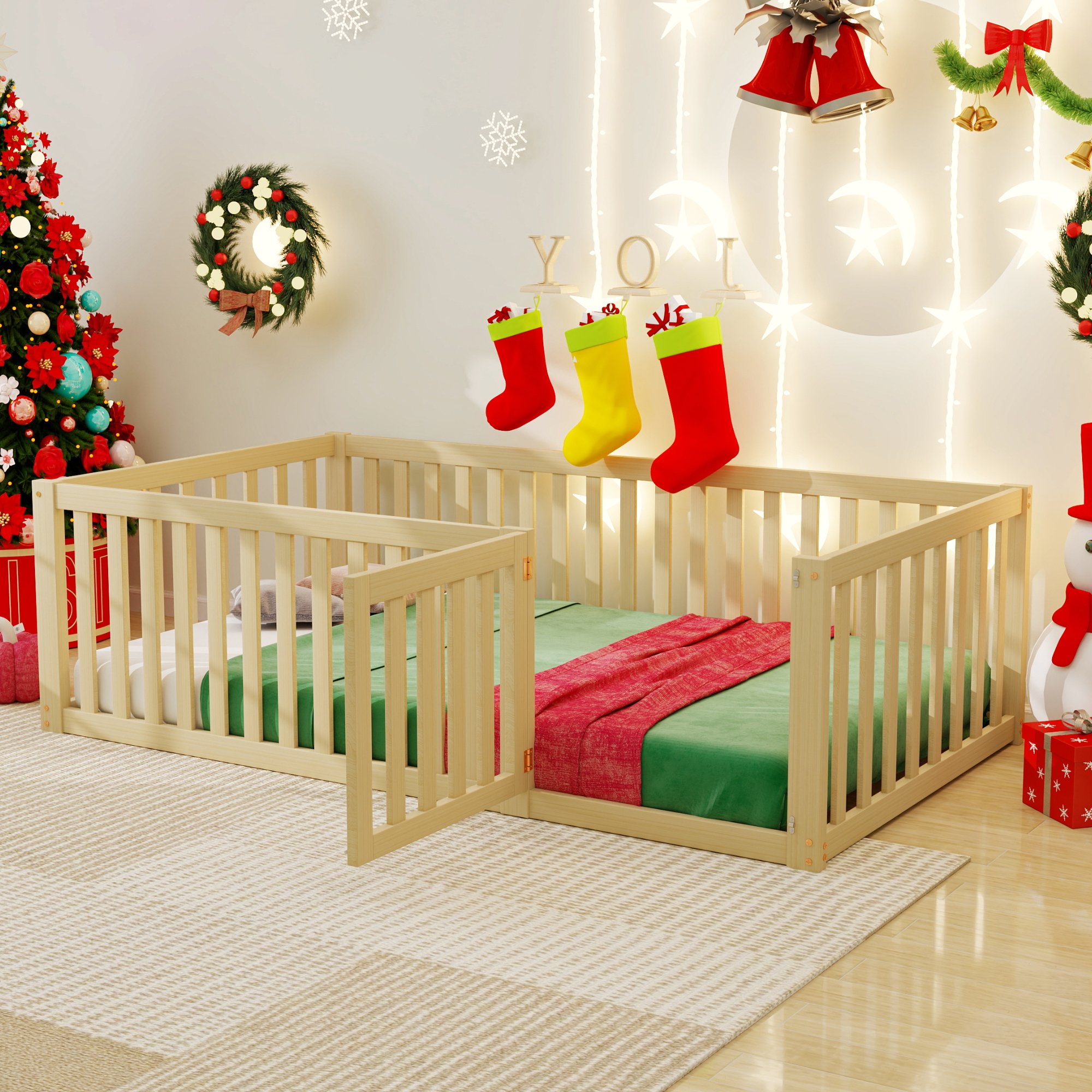 Lit enfant 90x200 en bois massif avec porte et barrière, à monter soi-même, pour chambre d'enfant