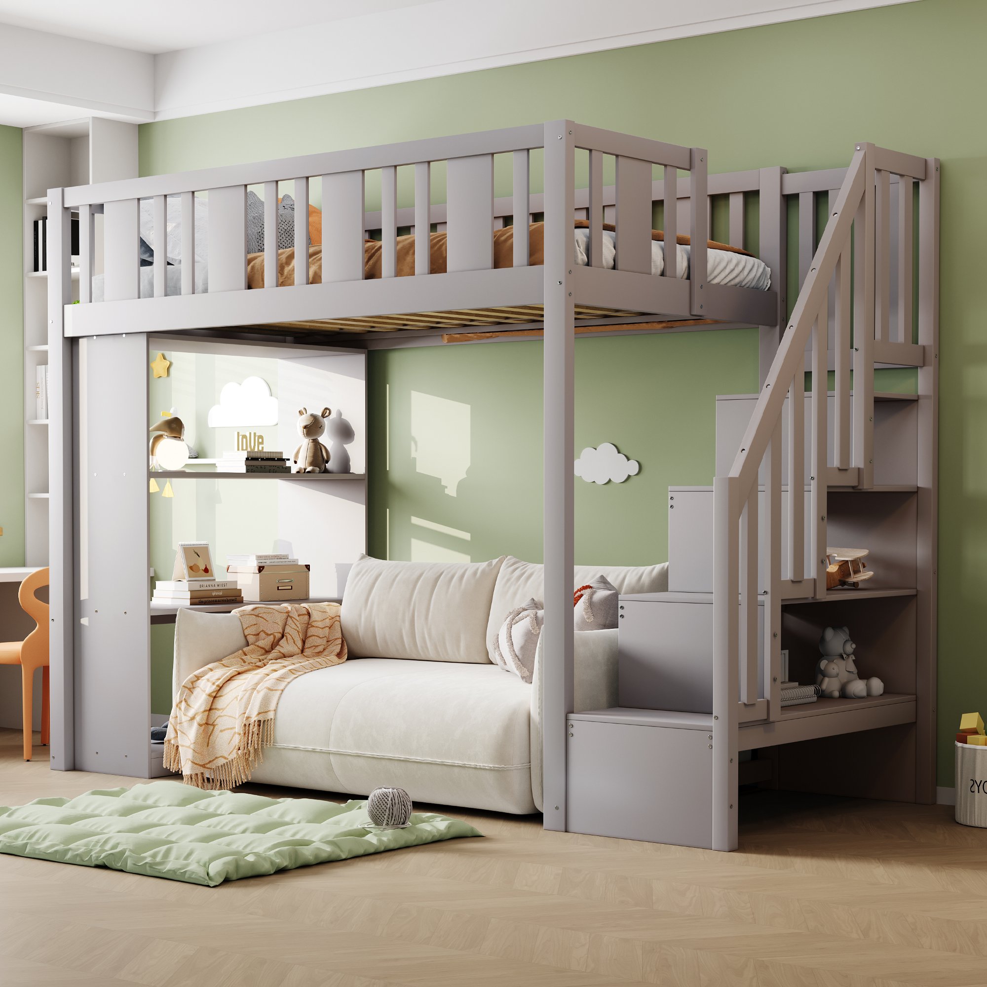Lit mezzanine 90x200 cm en pin massif gris avec rangements et échelle de sécurité