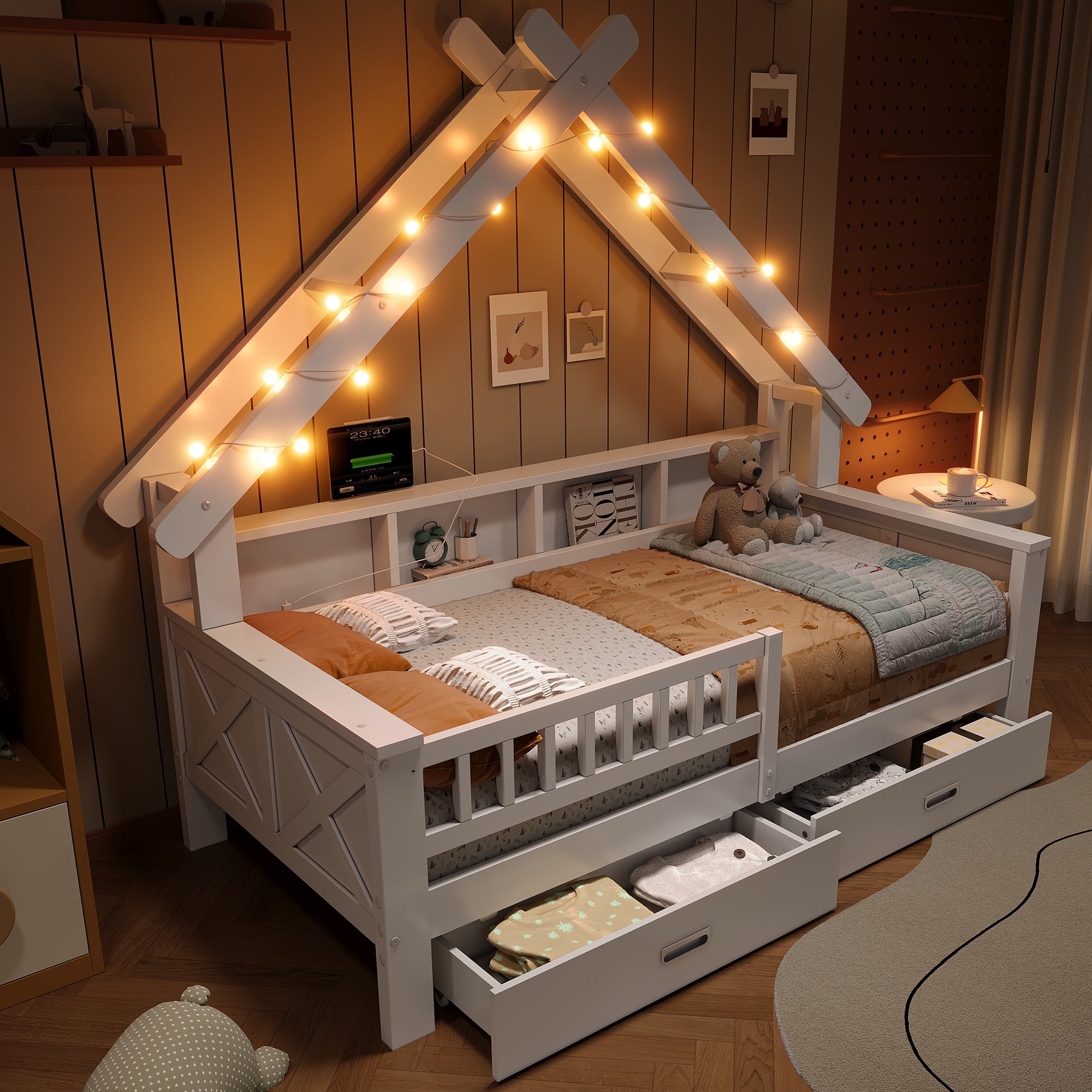 Lit cabane enfant avec LED et rangements, 90x200, protection et tiroirs