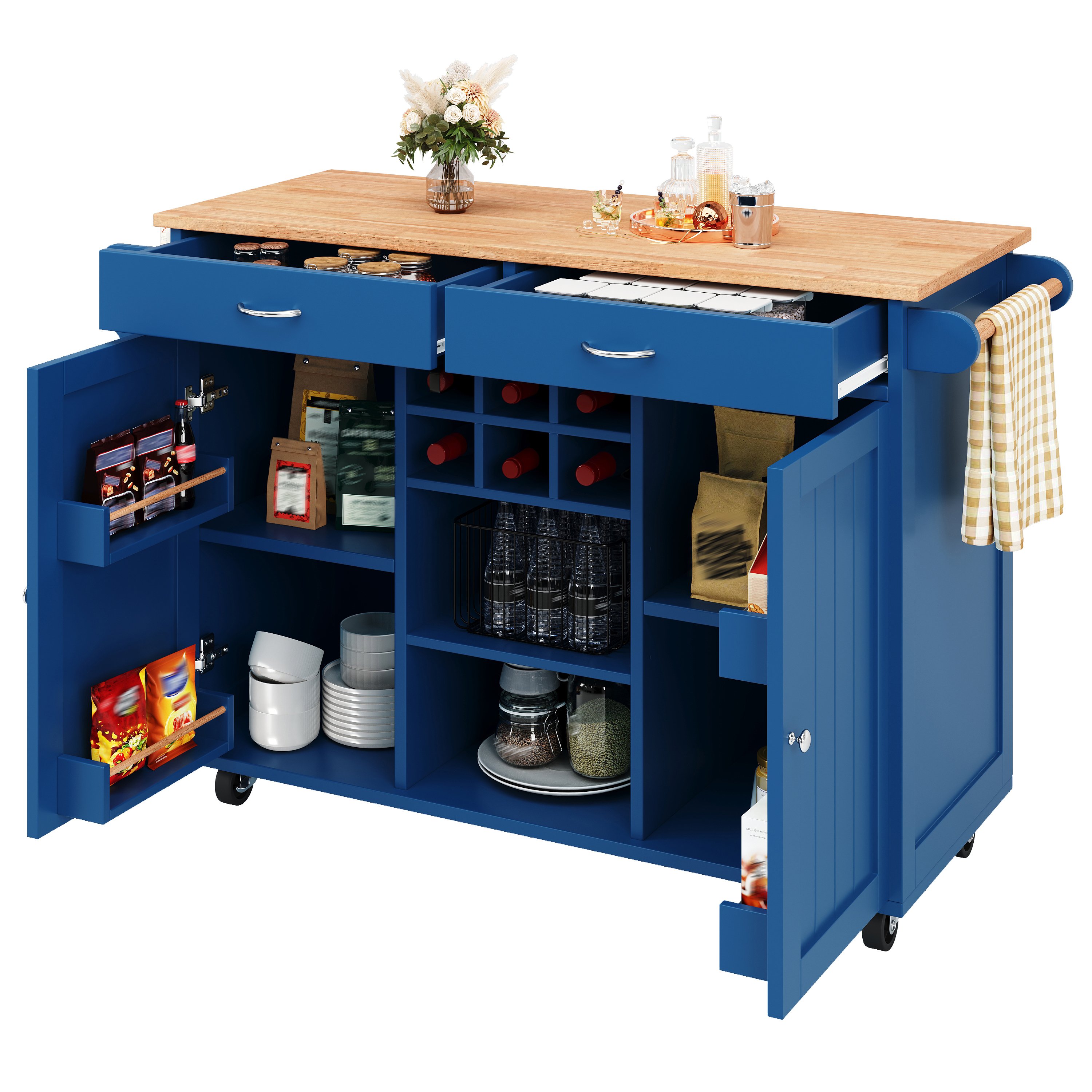 Îlot de cuisine bleu 102x45x92 cm avec rangement, roulettes 360° et plan de travail en bois, meuble de cuisine multifonction