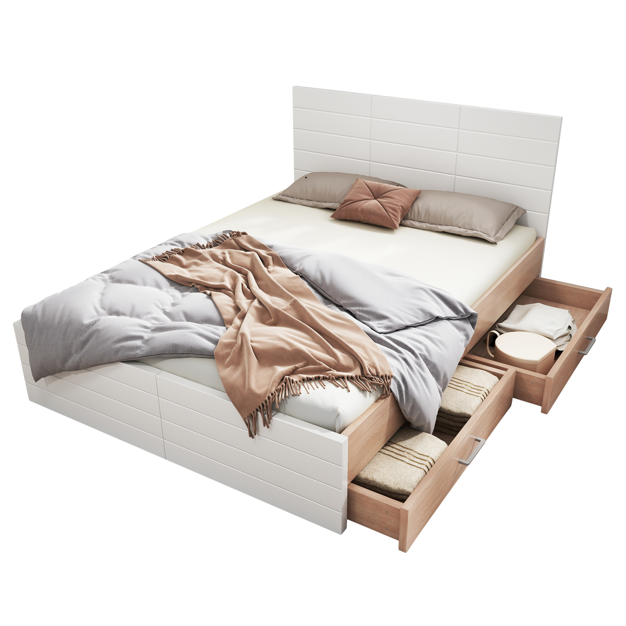 lit double 140x200 avec sommier à lattes, cadre de lit coffre blanc chêne clair, rangement tiroirs et sous le lit, sans matelas