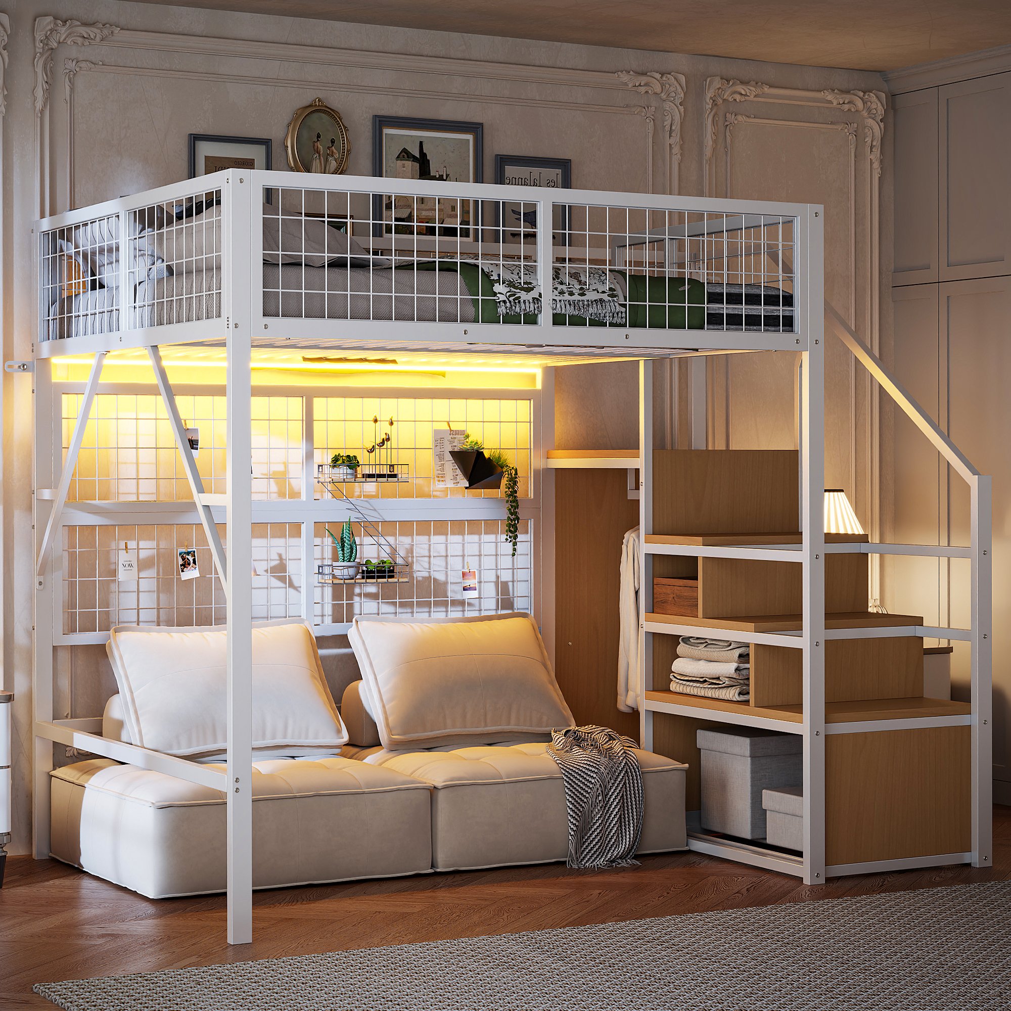 Lit superposé 140x200 avec escalier et rangement pour enfant, métal blanc avec LED et placard