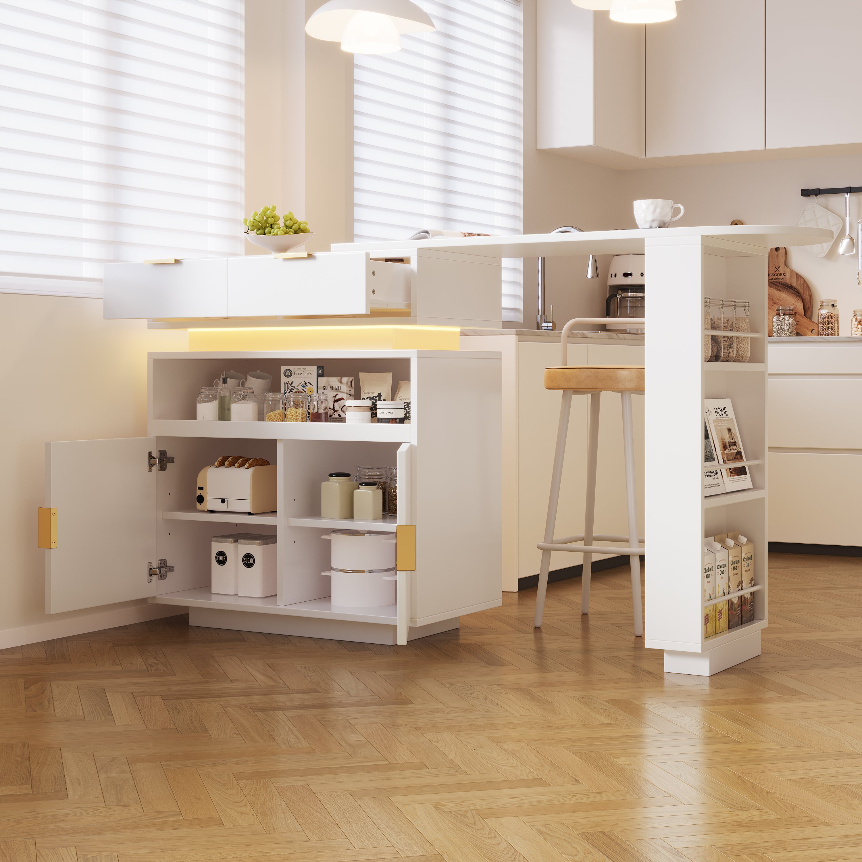 Îlot de cuisine en Panneau composite de fibres de bois à densité blanc avec plan de travail extensible, rangement, LED, rotation 360°, bar de cuisine, 115-183 cm