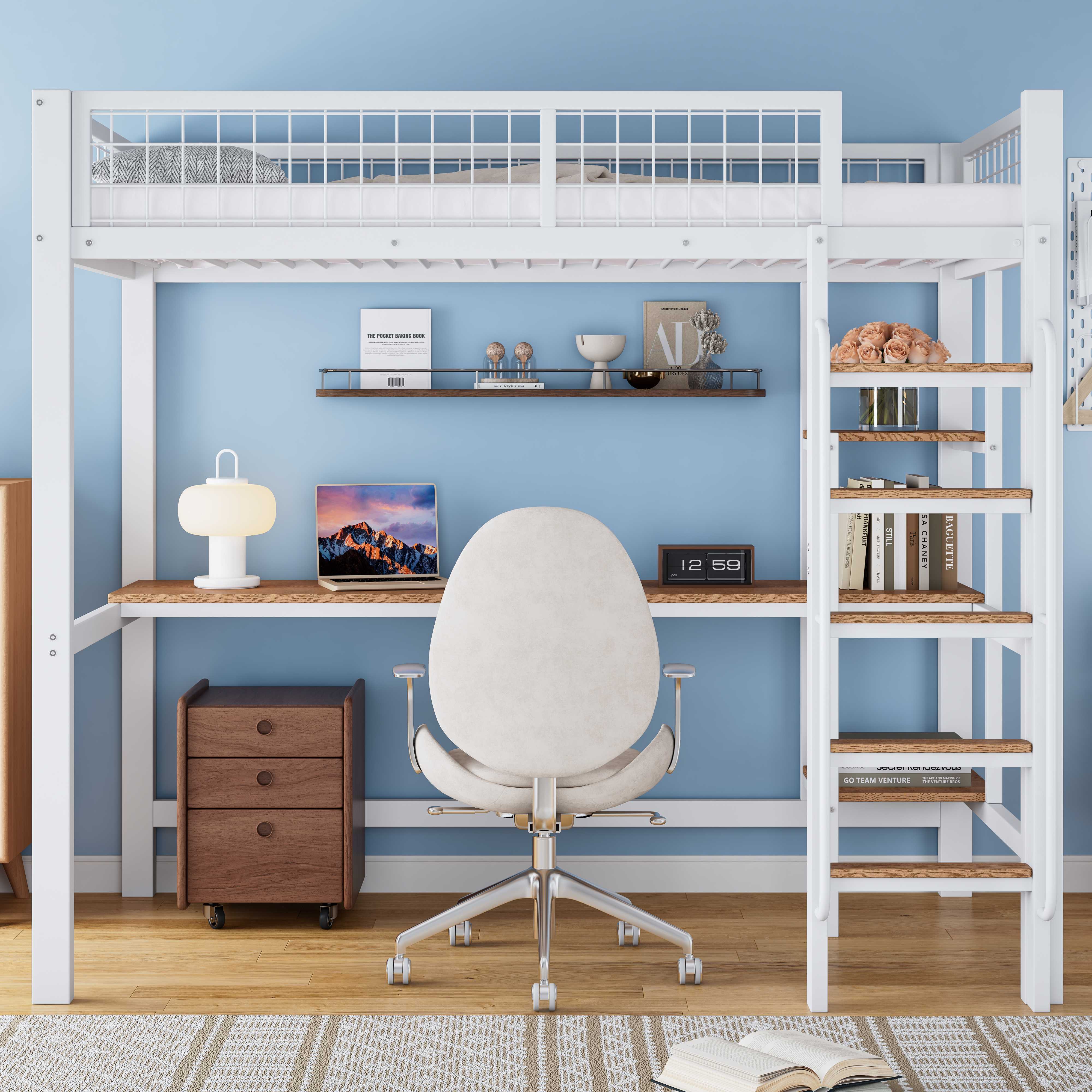 Lit superposé 90x200 avec bureau et rangements, échelle à 5 marches, blanc et naturel, pour enfant