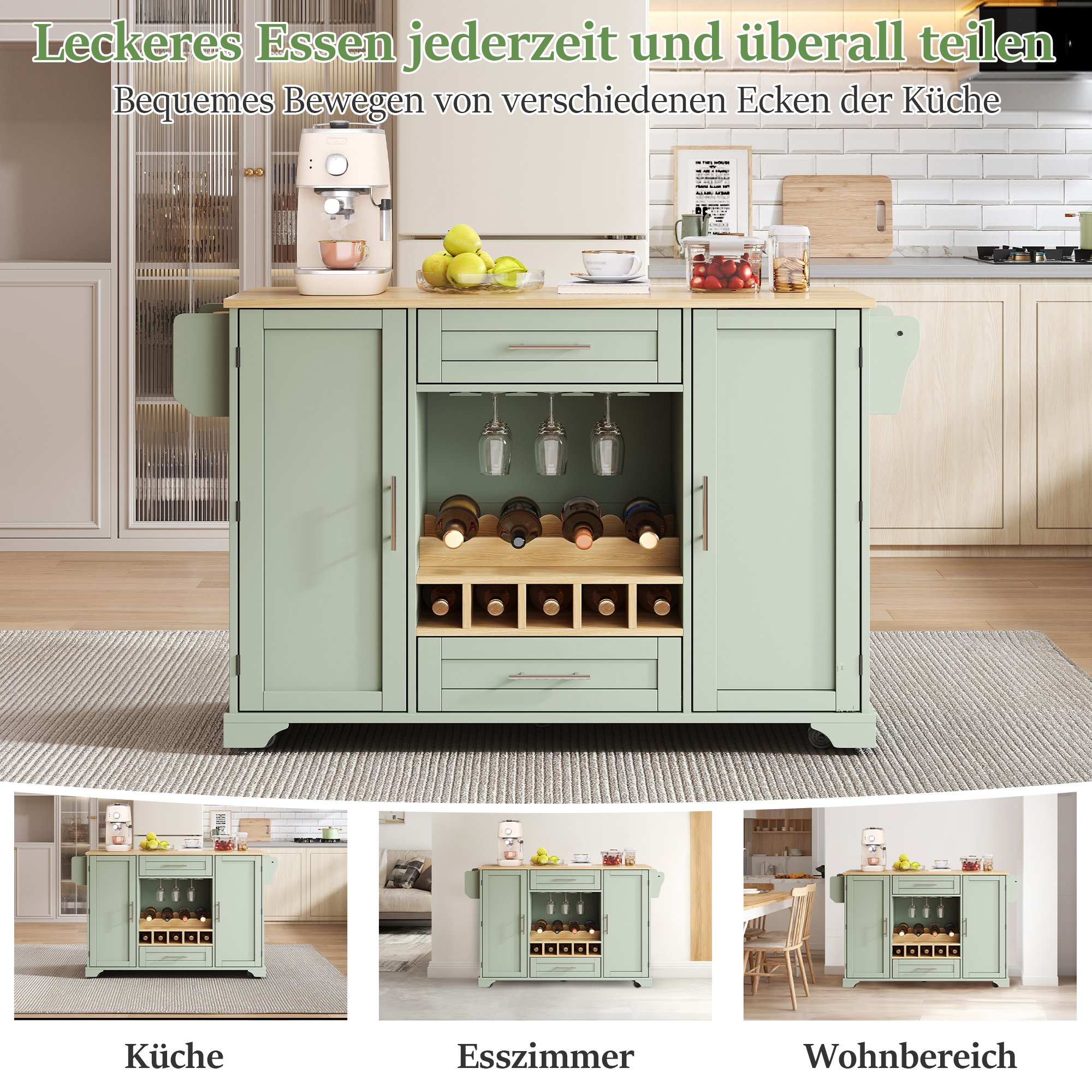 Îlot de cuisine en Panneau composite de fibres de bois à densité, vert antique, avec plan de travail rabattable, 2 tiroirs, étagère à vin, 120x45/70x92cm, sur roulettes
