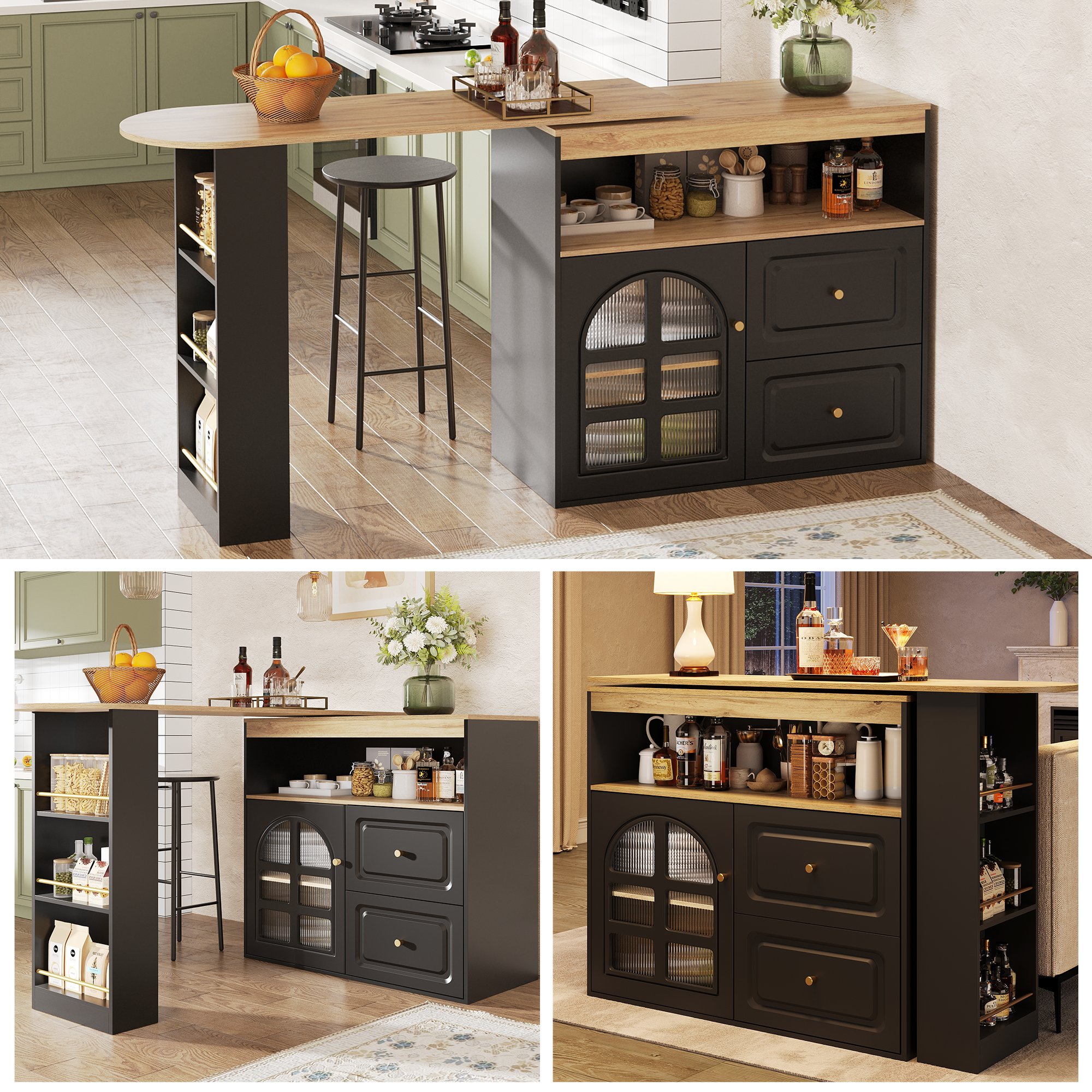 Îlot de cuisine noir en Panneau composite de fibres de bois à densité avec rangement, extensible 138-204 cm, rotatif 360°, 2 tiroirs et étagères, porte en verre bombé