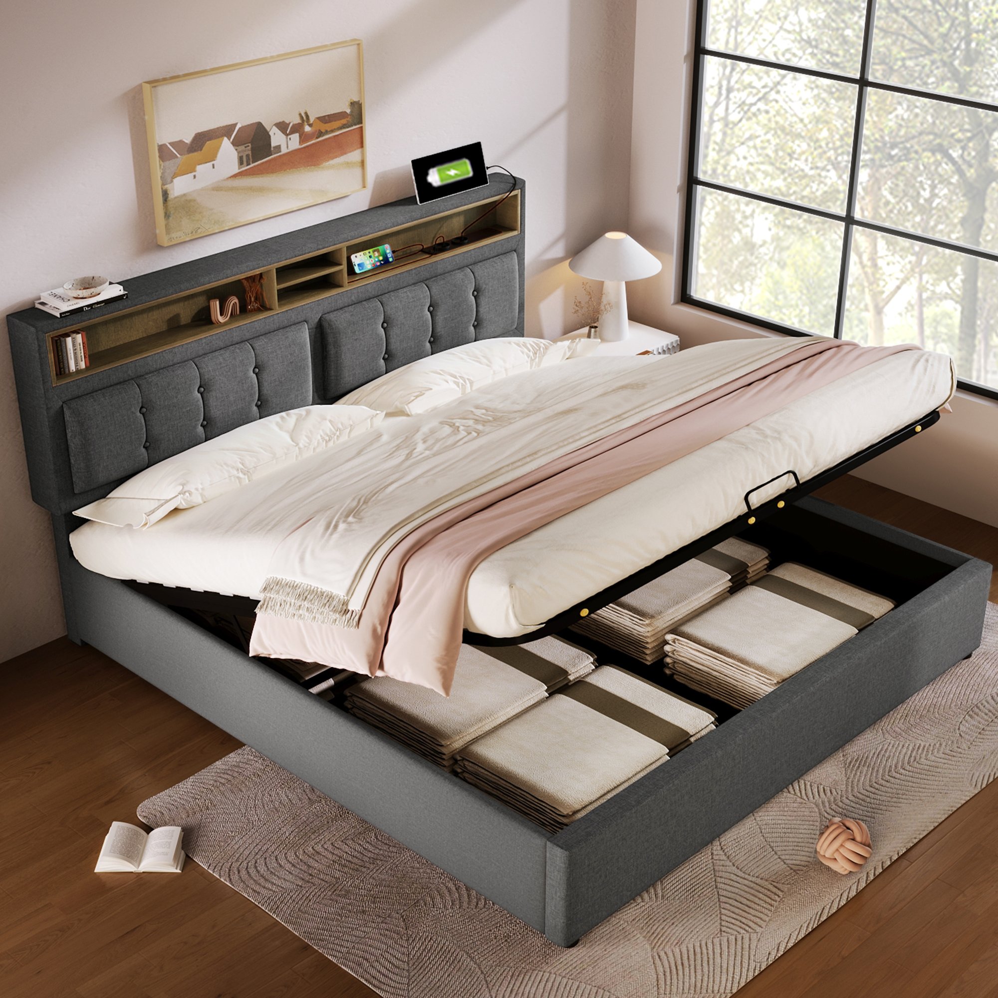 Lit double rembourré 140x200 gris en lin avec sommier à lattes, rangement hydraulique et prise USB Type-C