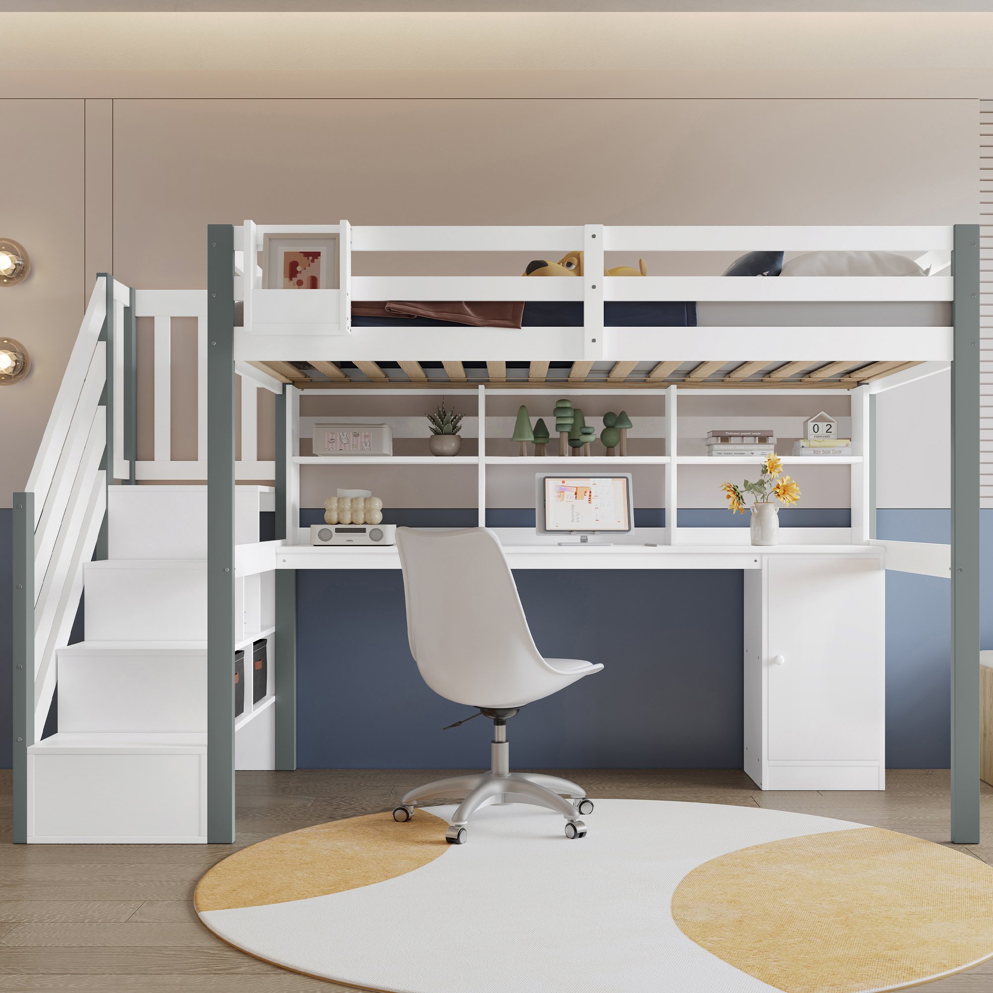 Lit mezzanine 90x200 blanc et gris avec bureau, rangements et échelle latérale