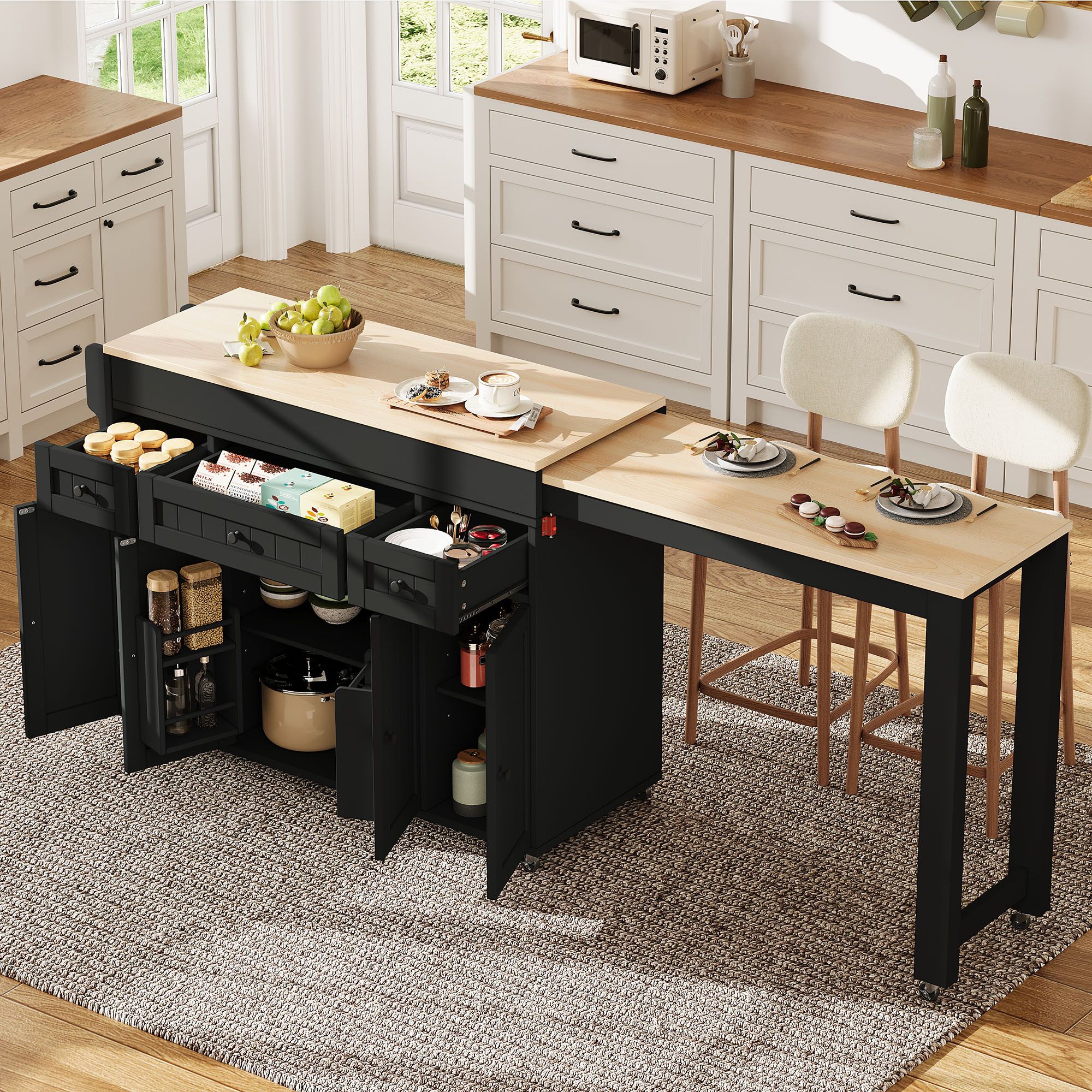 Îlot de cuisine extensible avec plan de travail coulissant, rangement intégré et 3 tiroirs, sur roulettes, noir et bois naturel