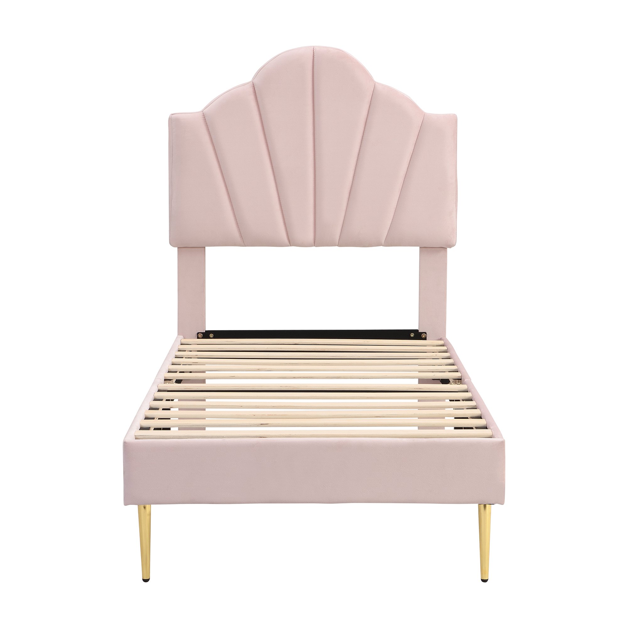 Lit coffre 90x200 rembourré velours rose cadre bois massif et métal pieds or design élégant tête de lit capitonnée confortable