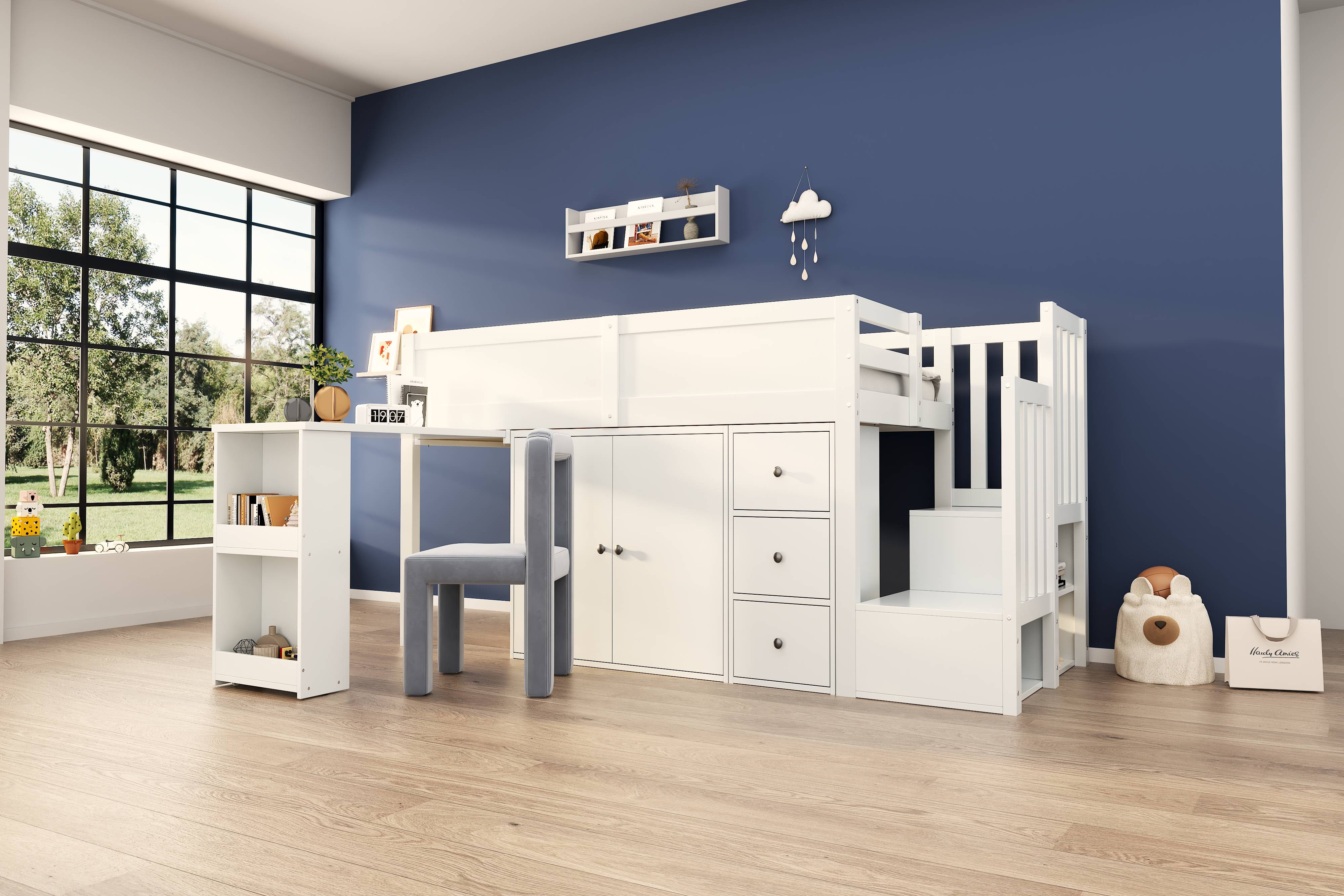 Lit Superposé Enfant 90x200 avec tiroir et escalier-magasin, style moderne blanc, montage facile pour petits espaces
