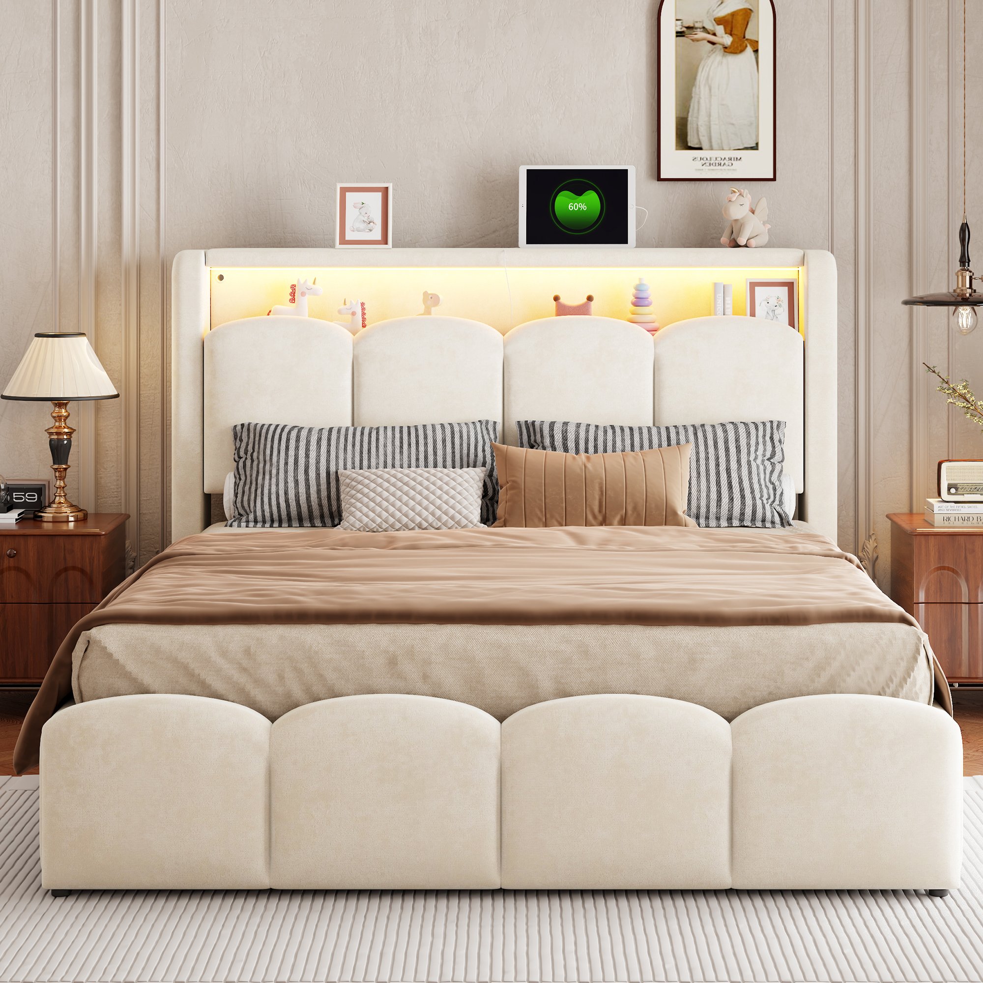 Lit coffre 140x200 en velours beige, structure métallique et Panneau composite de fibres de bois à densité, avec sommier à lattes et rangement