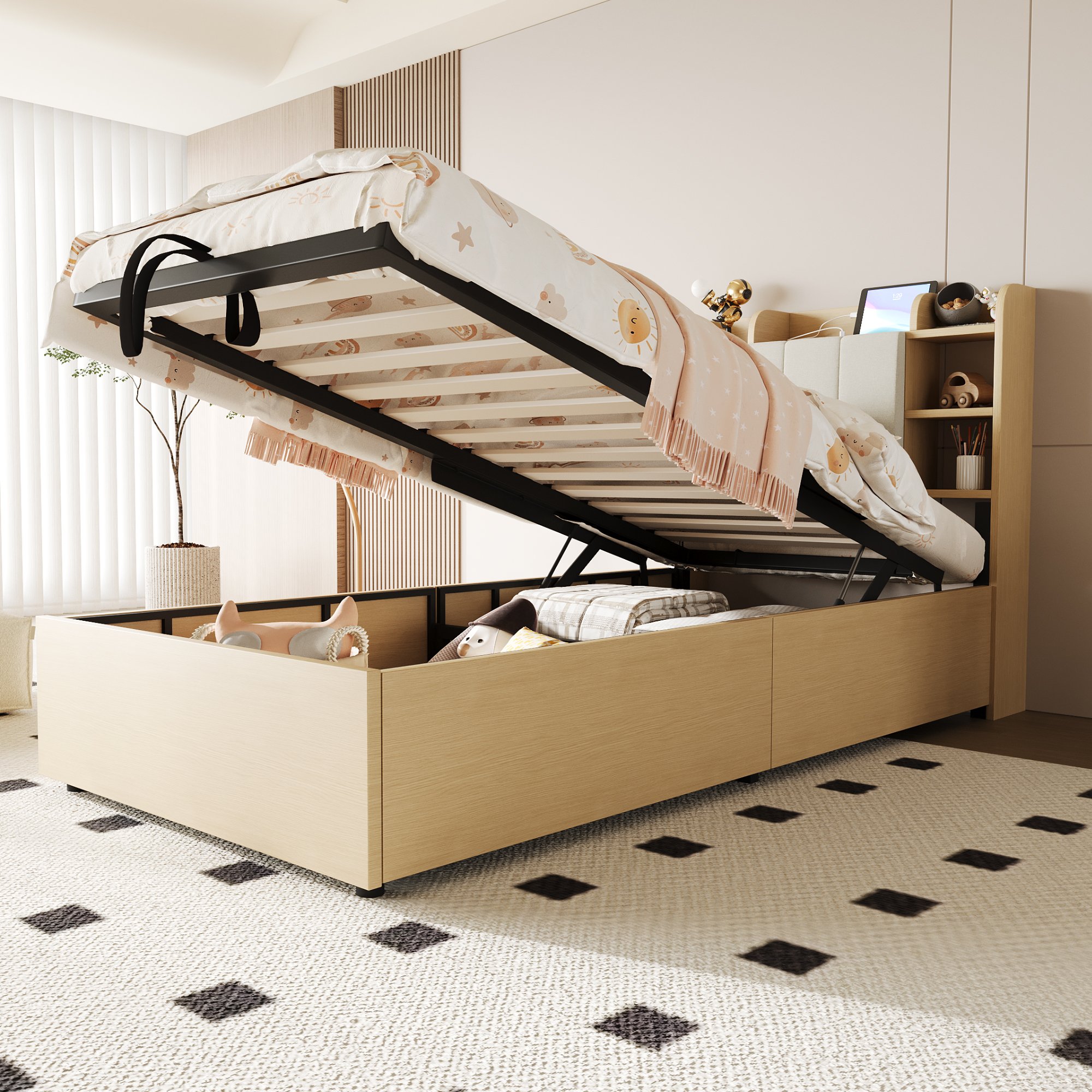 Lit coffre 90x200 en bois Panneau composite de fibres de bois à densité avec rangement hydraulique, tête de lit avec étagères, ports USB et Type-C, sommier à lattes