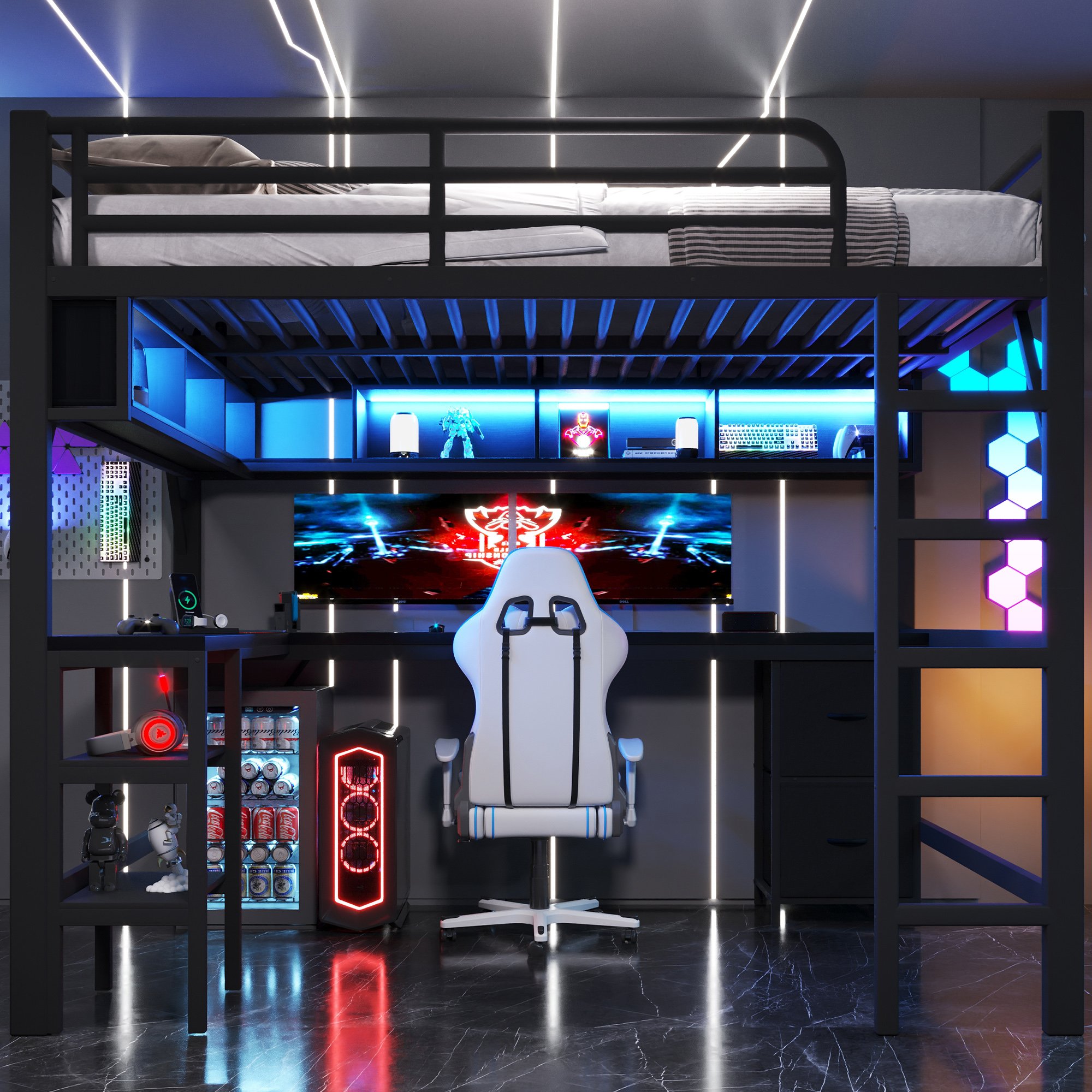 Lit mezzanine 140x200 avec bureau intégré, rangements et LED, métal noir, échelle incluse