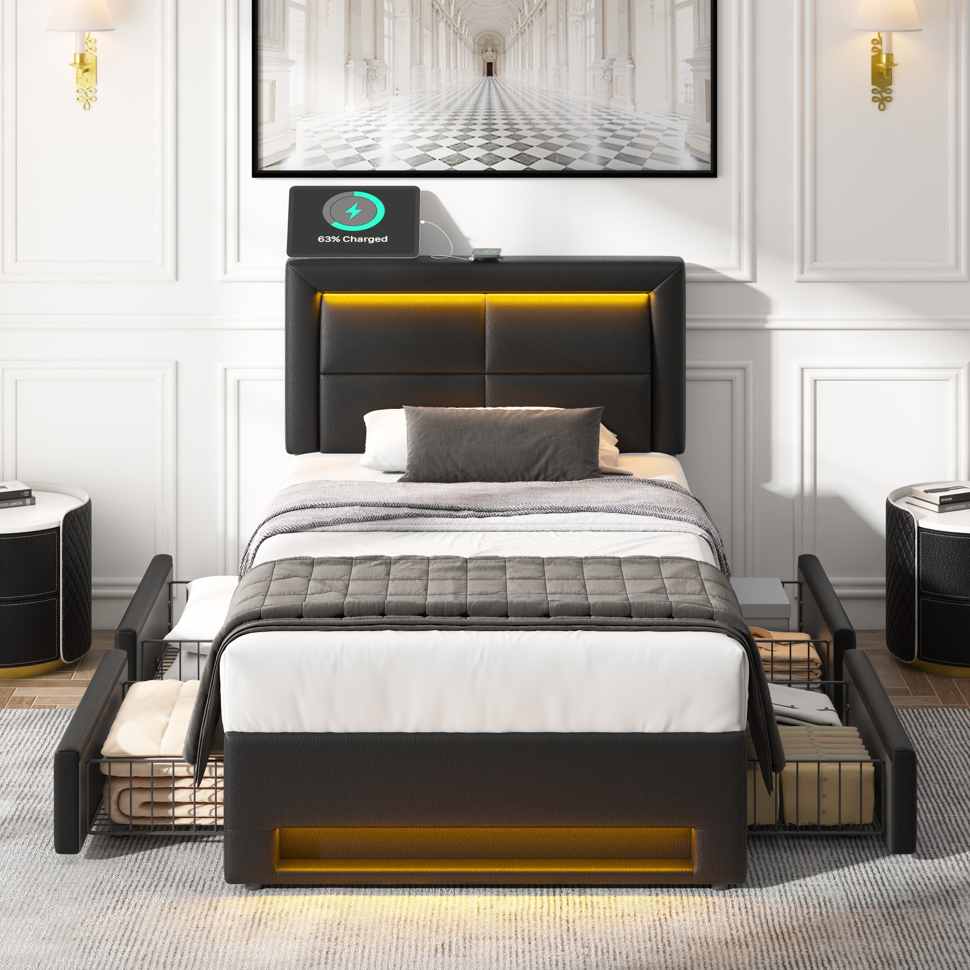 Lit rembourré 90x190 noir en PU avec LED, ports USB et quatre tiroirs de rangement, sommier à lattes, sans matelas