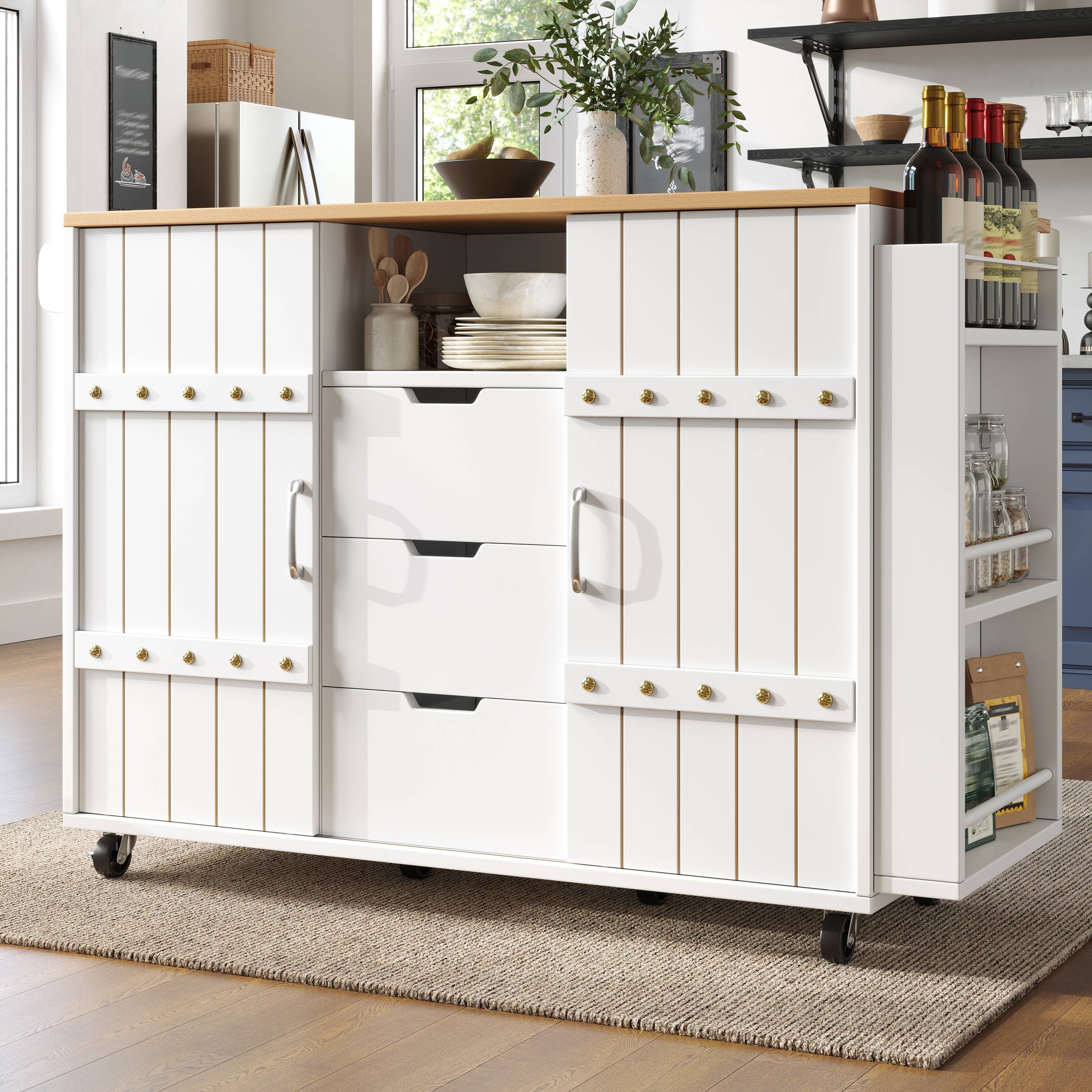 Îlot de cuisine sur roulettes avec plan de travail, rangement spacieux, portes coulissantes et table rabattable, blanc