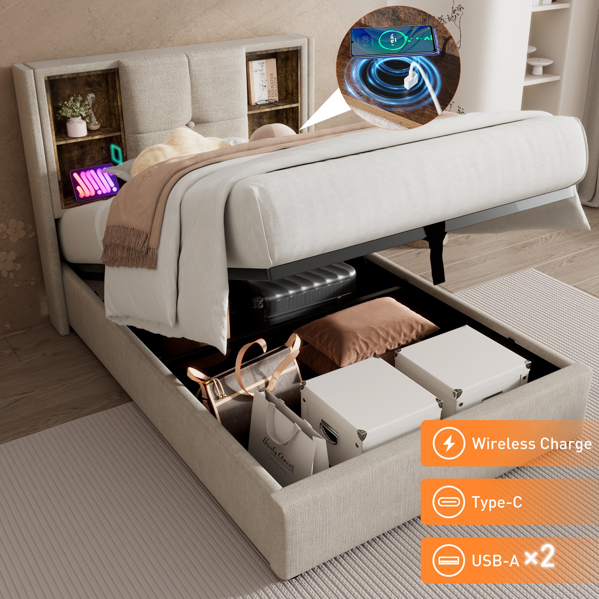 lit coffre 90x200 avec matelas, chargeur sans fil, USB Type-C, rangement hydraulique et sommier à lattes bois naturel