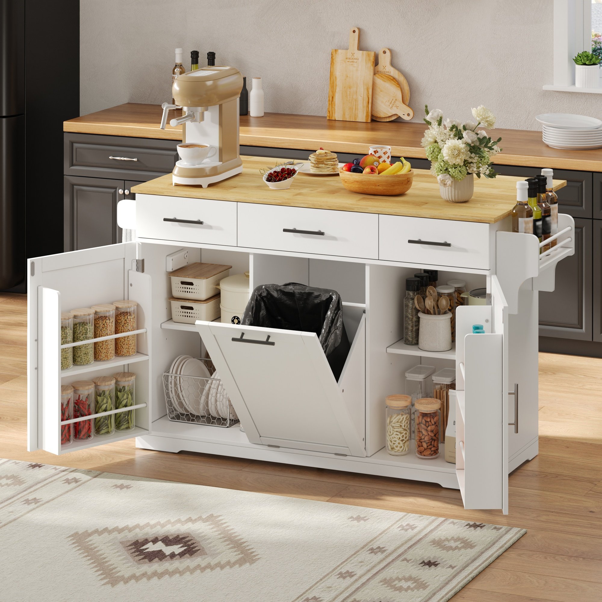 Îlot de cuisine avec rangement, blanc, sur roulettes, avec poubelle intégrée et prises USB, 136x75 cm