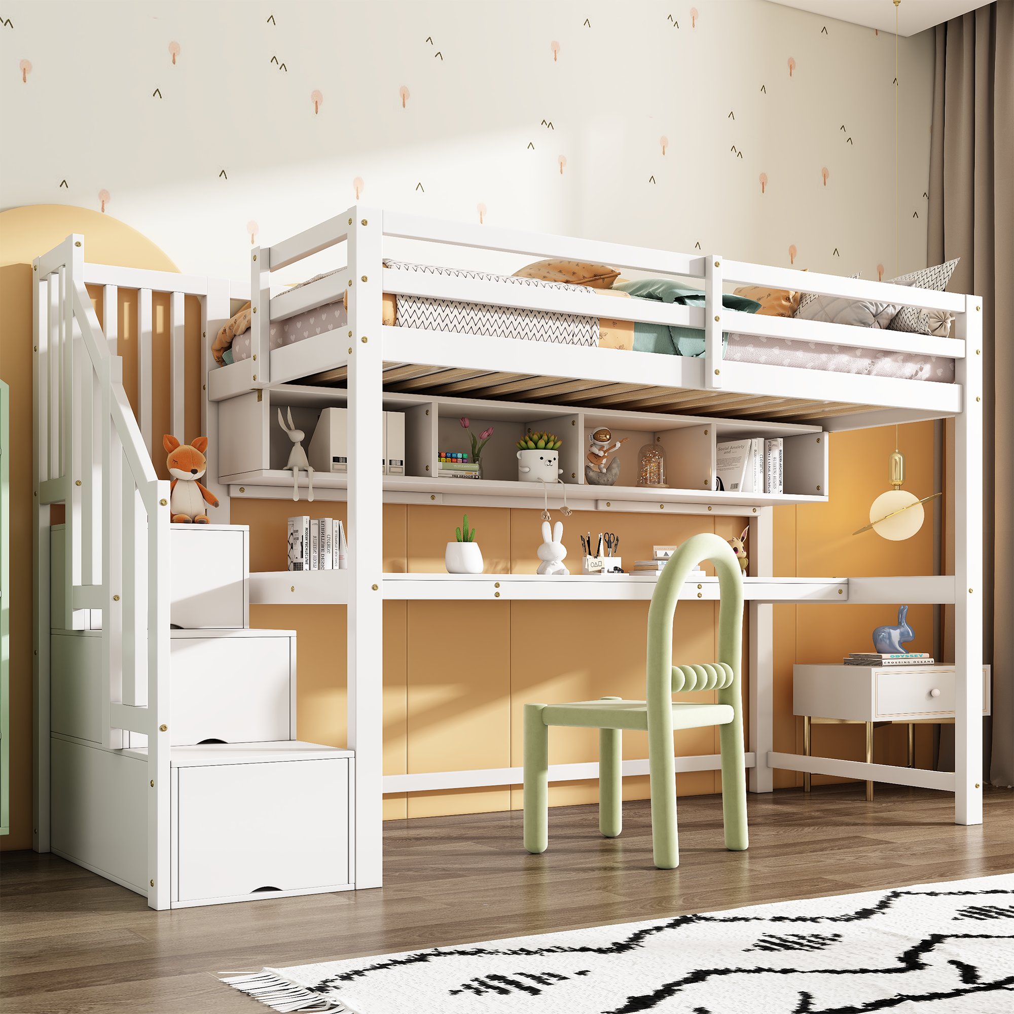 Lit superposé enfant en bois massif blanc, structure robuste avec bureau intégré et échelle de rangement sécurisée pour chambre