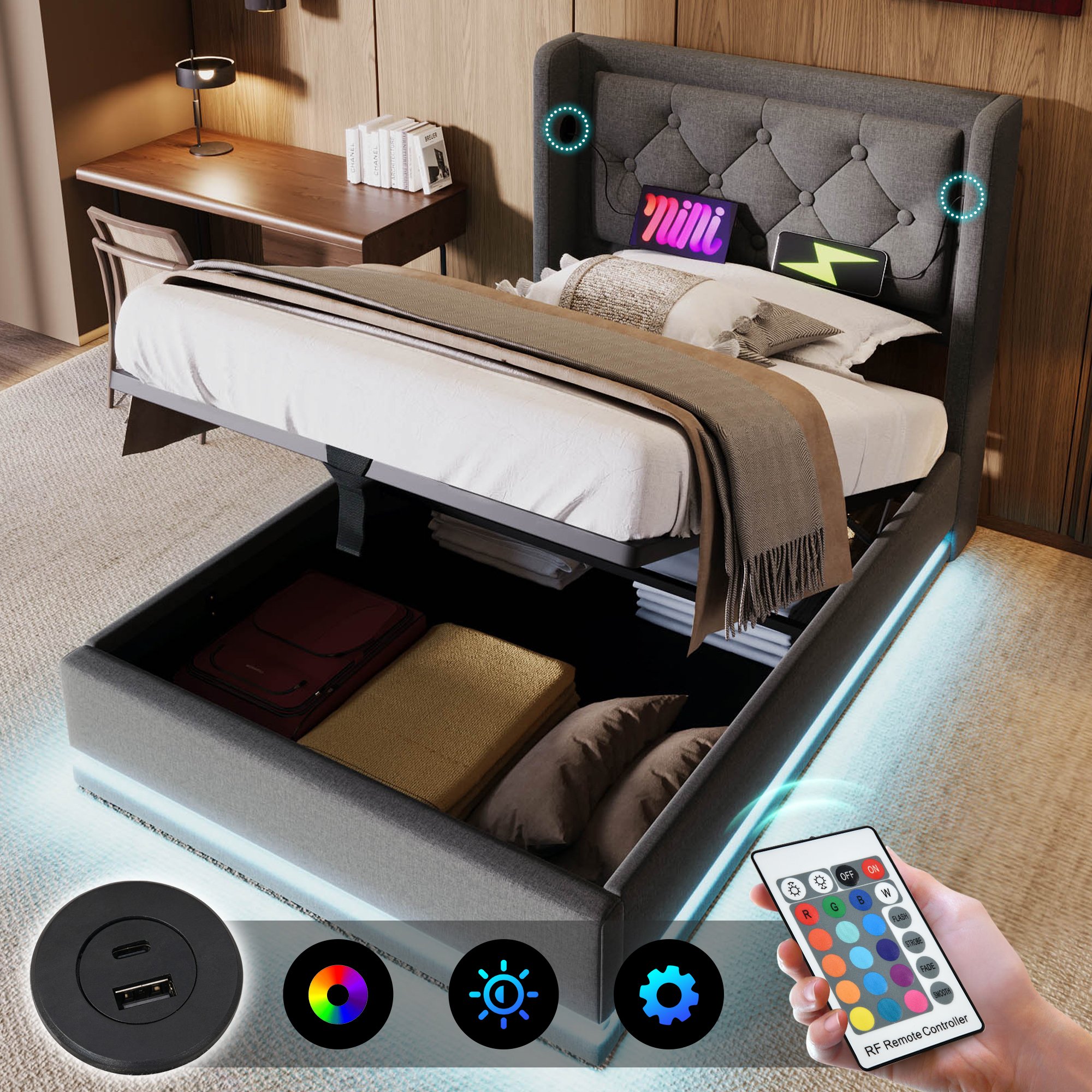 lit coffre 90x200 avec matelas, design contemporain gris, tête de lit capitonnée avec USB et éclairage LED latéral