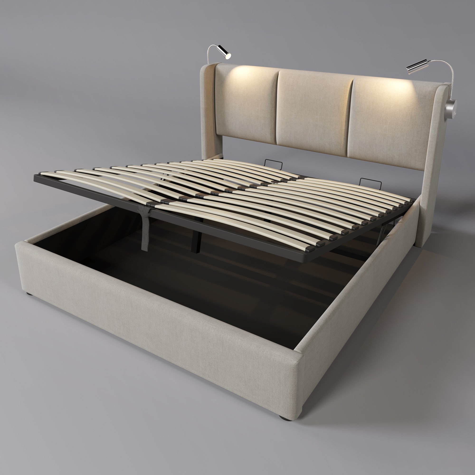 lit coffre 160x200 avec tête de lit lampe lecture flexible et port de charge USB intégré, structure stable