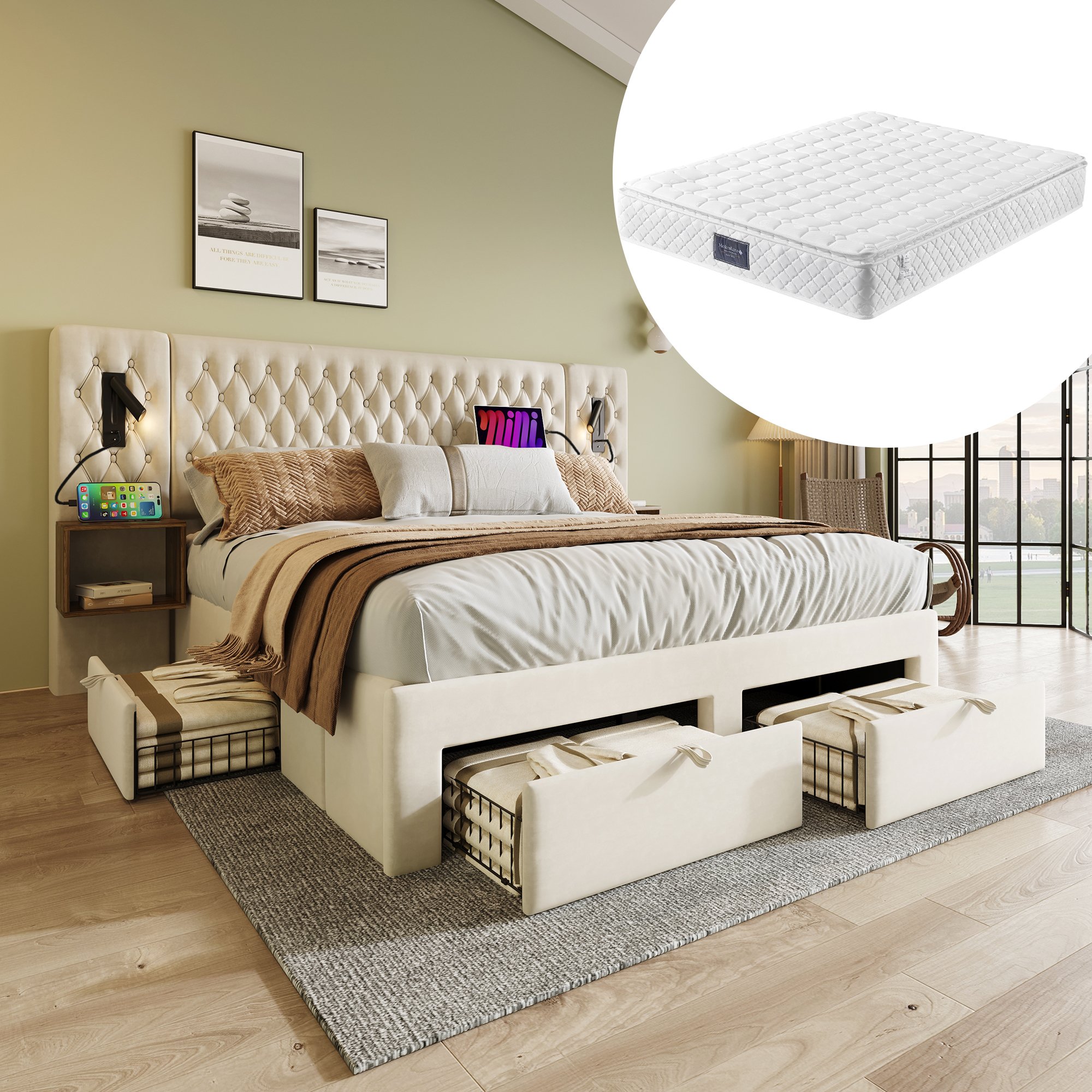 Lit coffre 160x200 avec matelas et sommier, LED lecture, charge USB Type-C, 4 tiroirs, tables de chevet