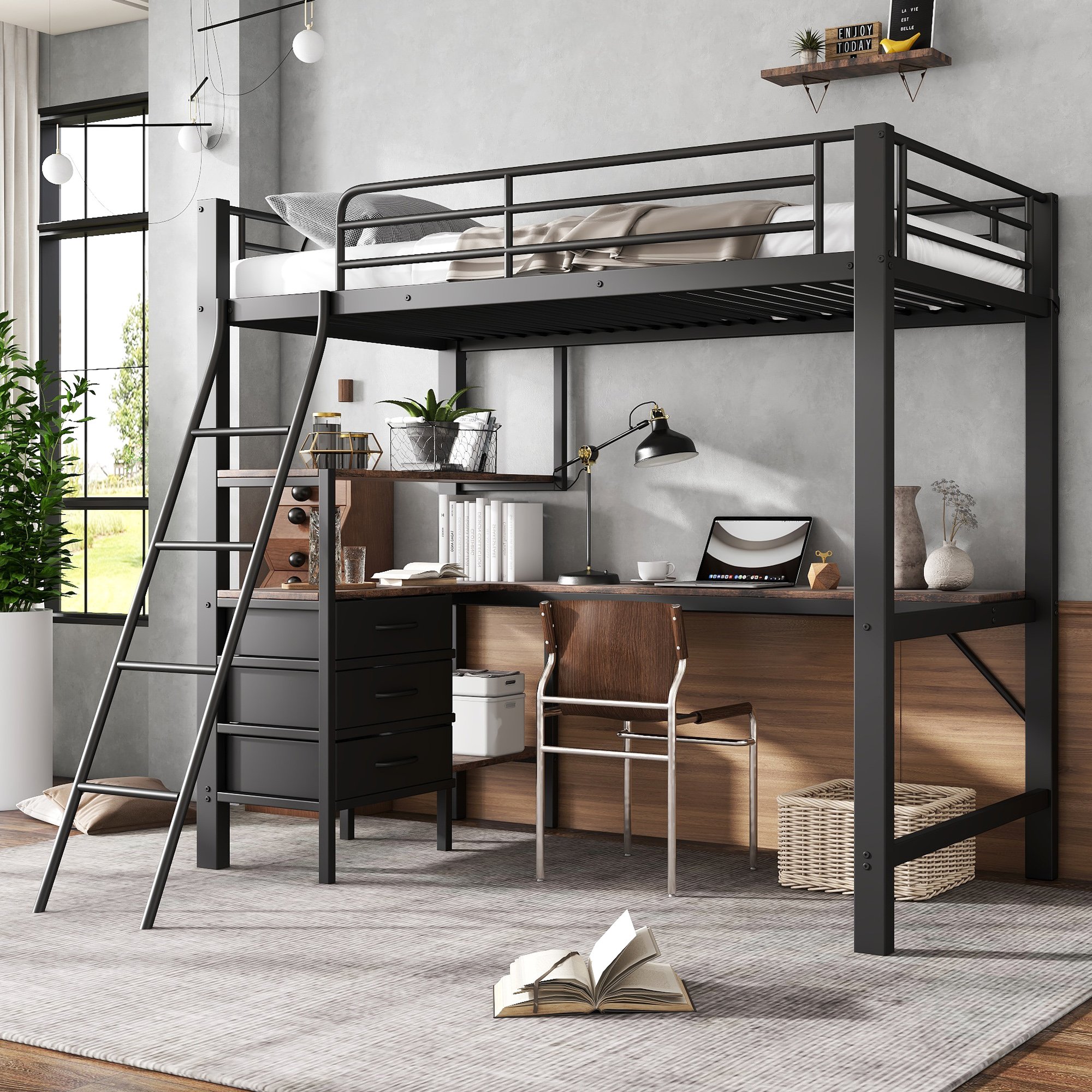 Lit superposé 90x200 en fer noir et bois avec bureau, tiroirs et échelle pour enfant