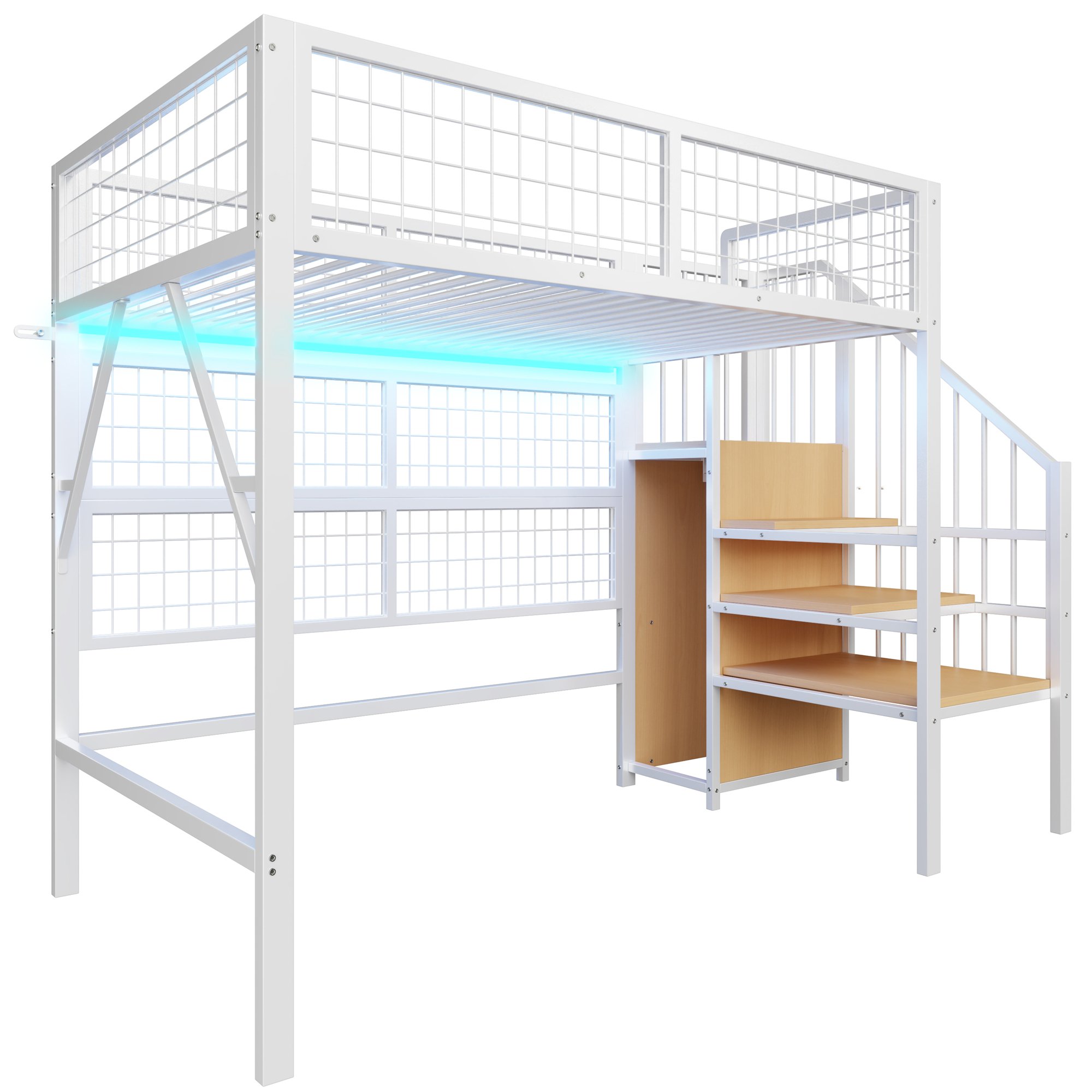 Lit superposé en métal blanc avec échelle de rangement, 90x200, structure robuste