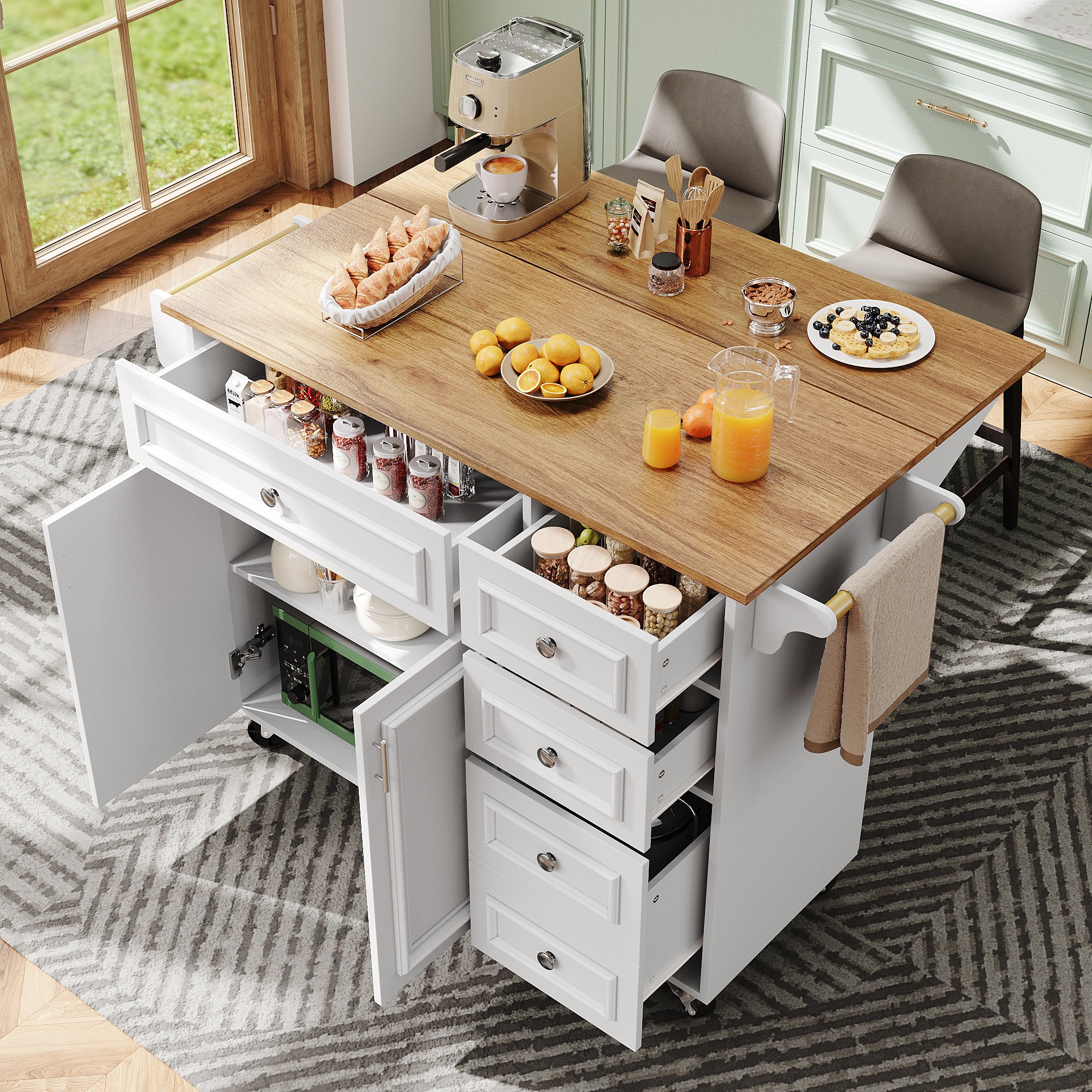 Îlot de cuisine blanc 110x75x92 cm avec rangement, table pliante, tiroirs et étagères, en Panneau composite de fibres de bois à densité et métal, style vintage