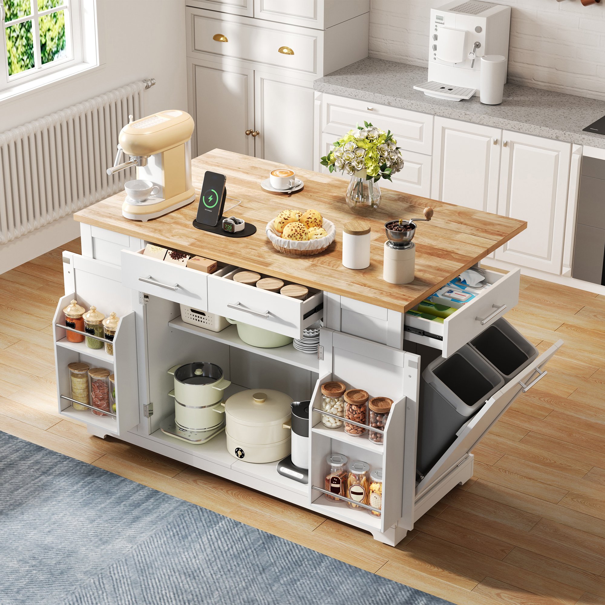 Îlot de cuisine 138 cm blanc aspect bois avec plan rabattable, roulettes silencieuses, prises EU, étagères et poubelle intégrée