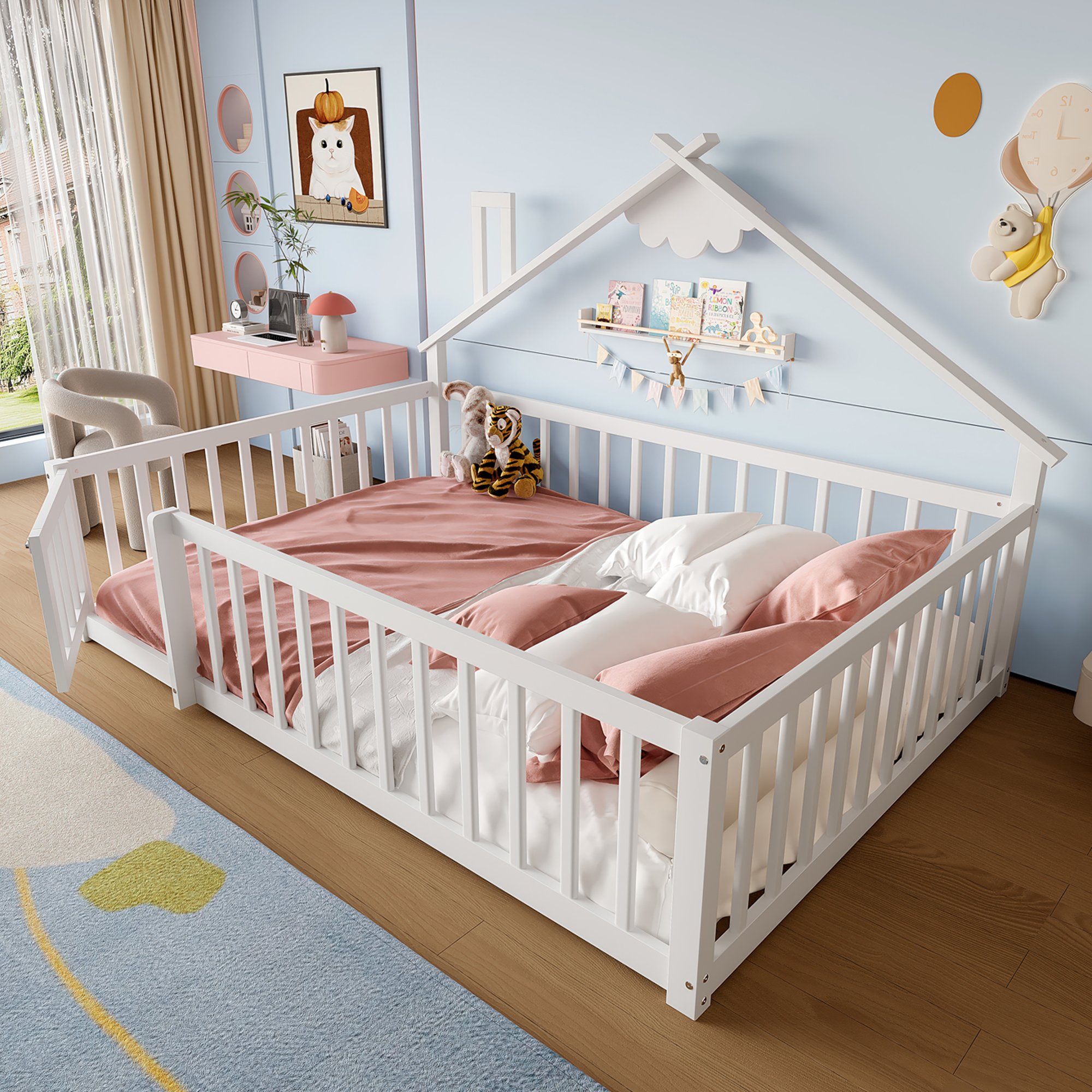 Lit enfant avec barrière verrouillable et design maison, 140x190 cm, en pin massif blanc