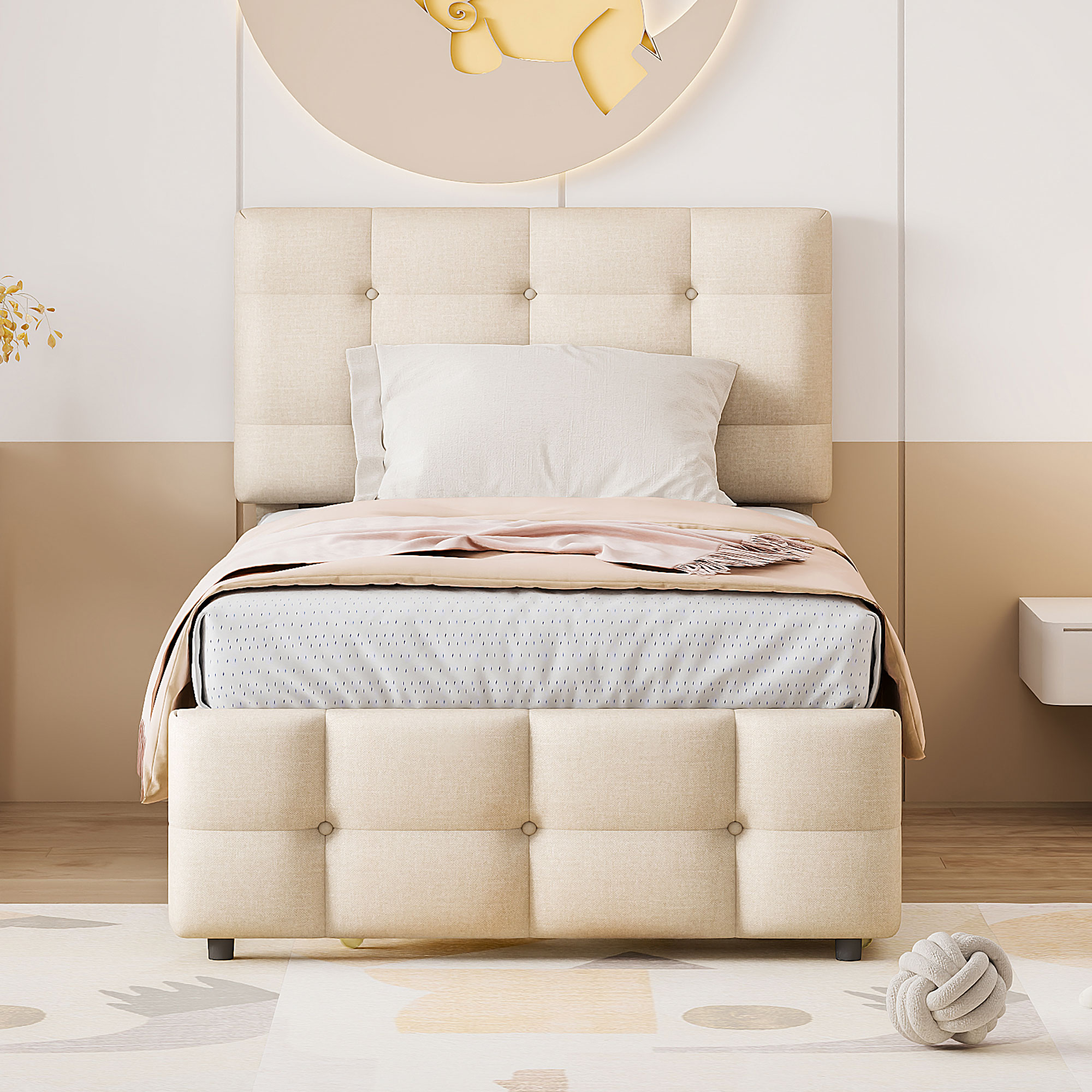 Lit enfant 90x200 cm en lin beige avec tête réglable et lit escamotable, sans matelas