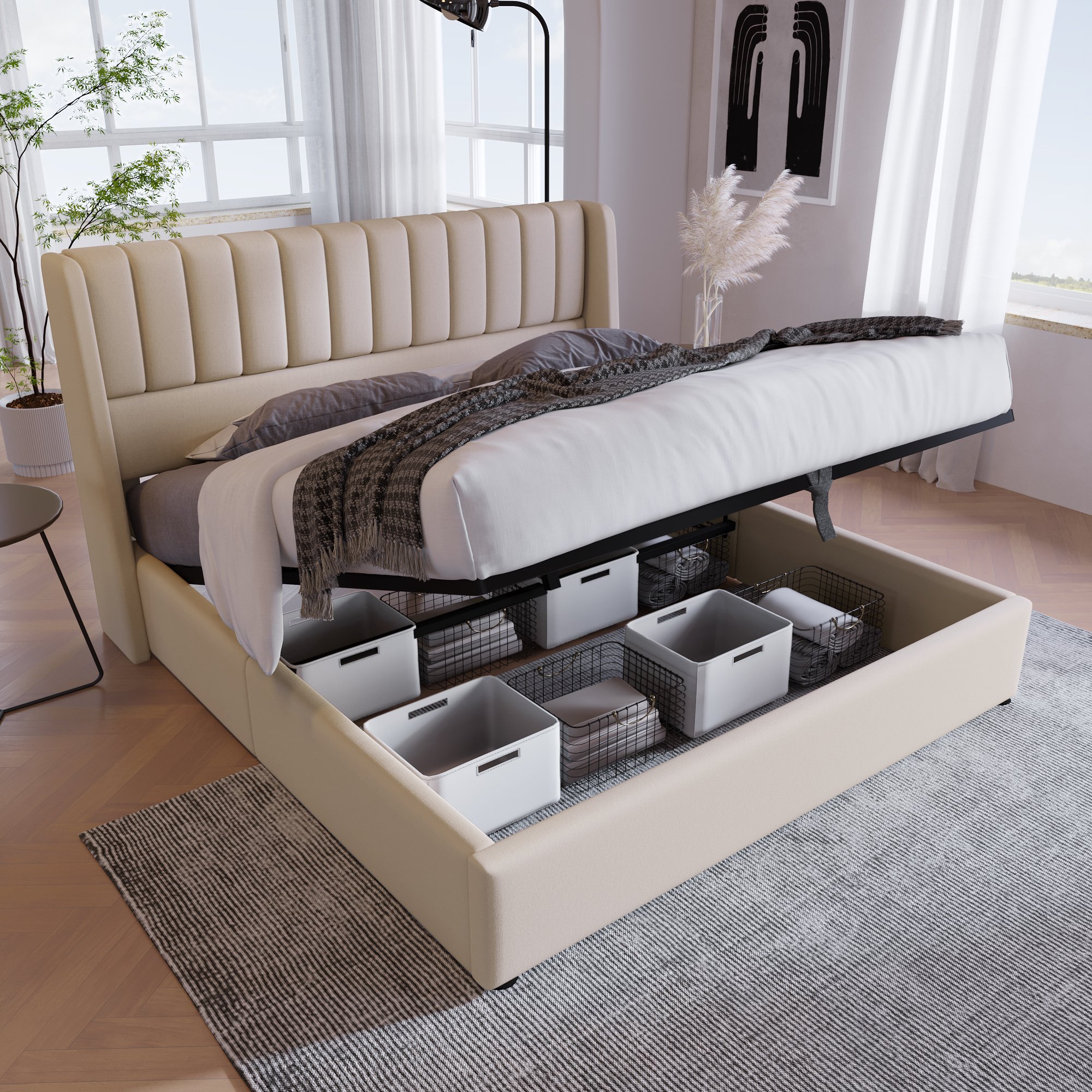 Lit coffre beige 140x200 en lin avec tête de lit design rayures verticales et coffre de rangement spacieux