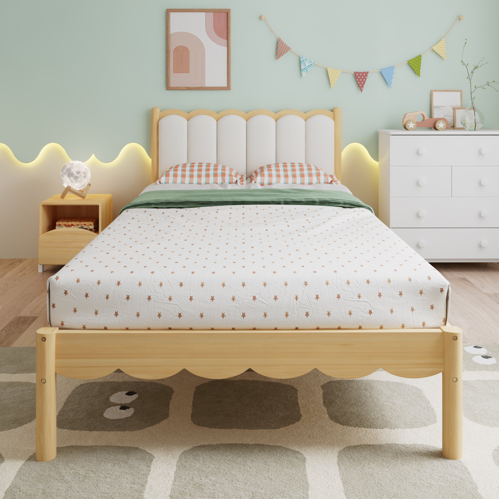 Lit enfant 90x200cm avec sommier à lattes, tête de lit rembourrée, beige
